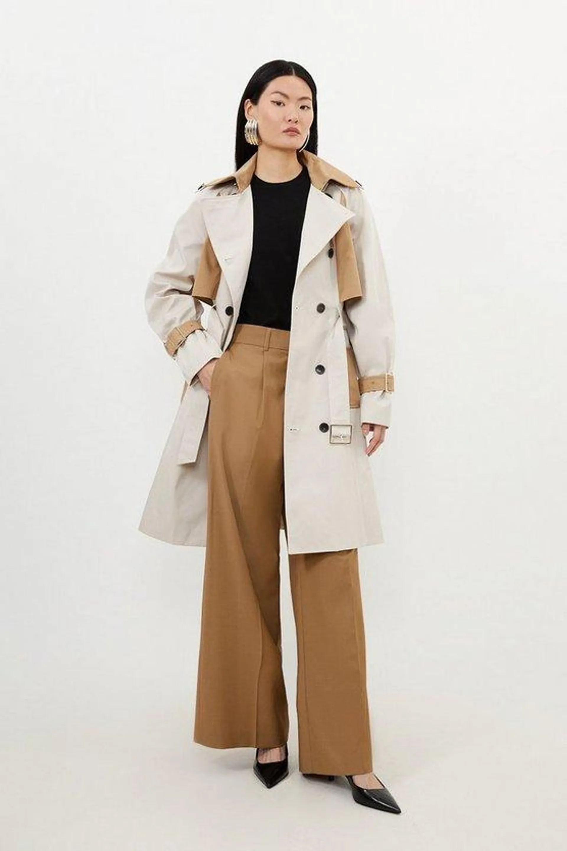 Tailored Full Skirt Colour Block Midi Trench Coat