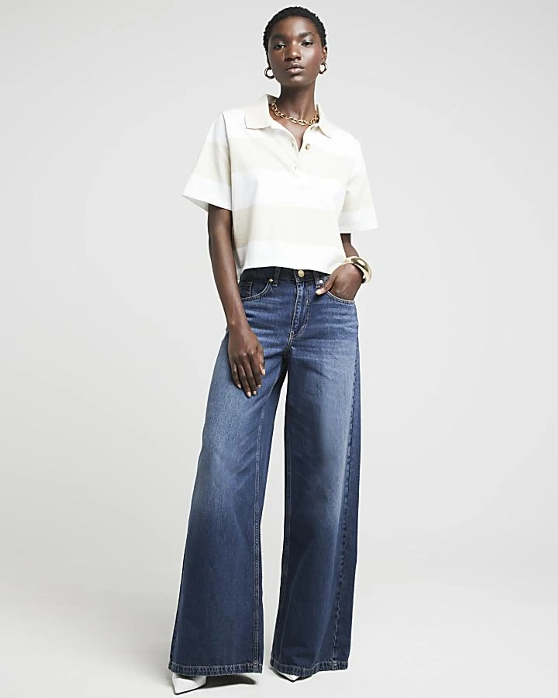 Blue mid rise wide leg elasticated jeans