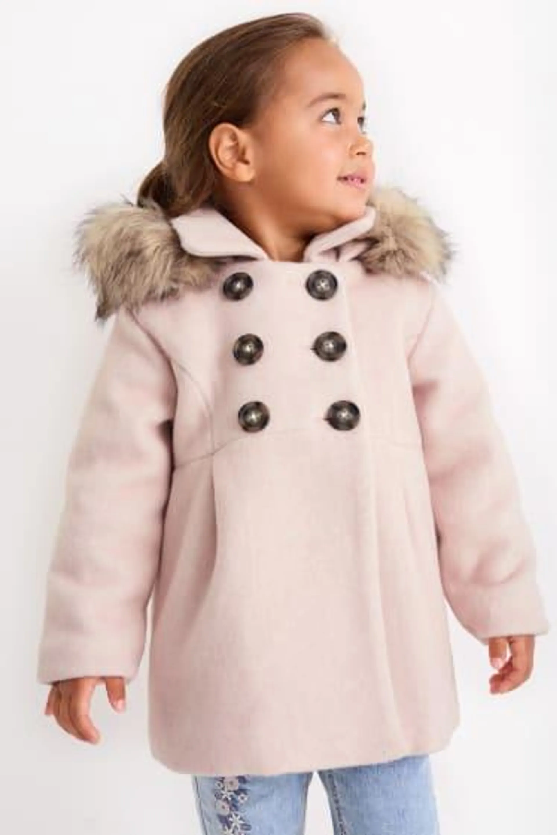 Coat with hood and faux fur trim