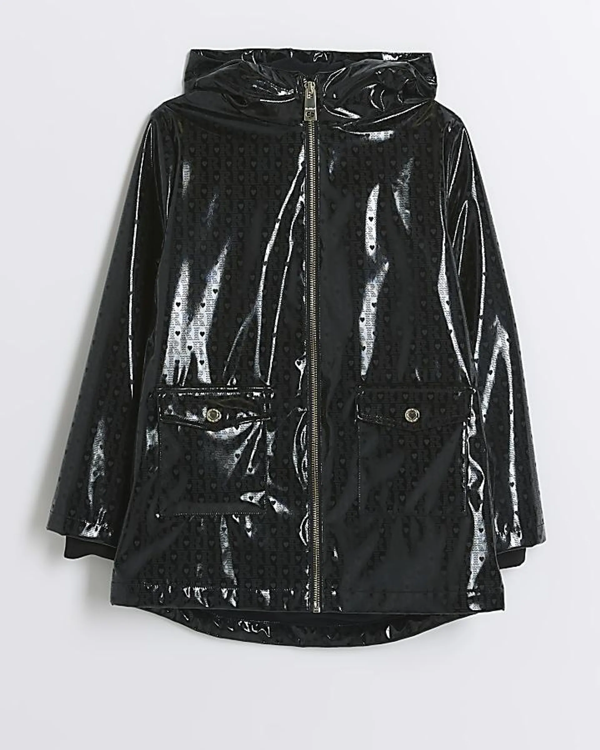 Girls black holographic hooded rain coat