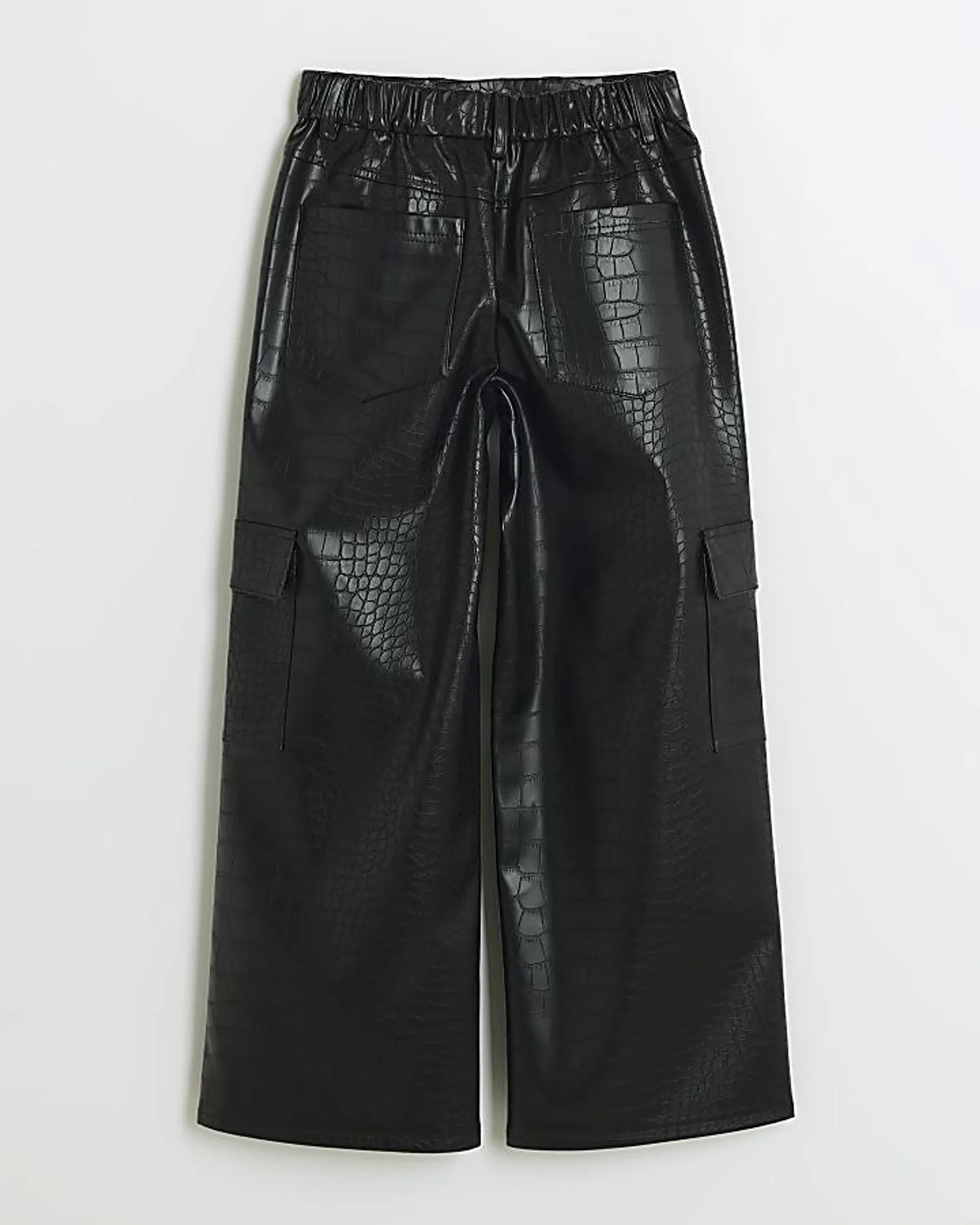 Girls black croc embossed wide leg trousers