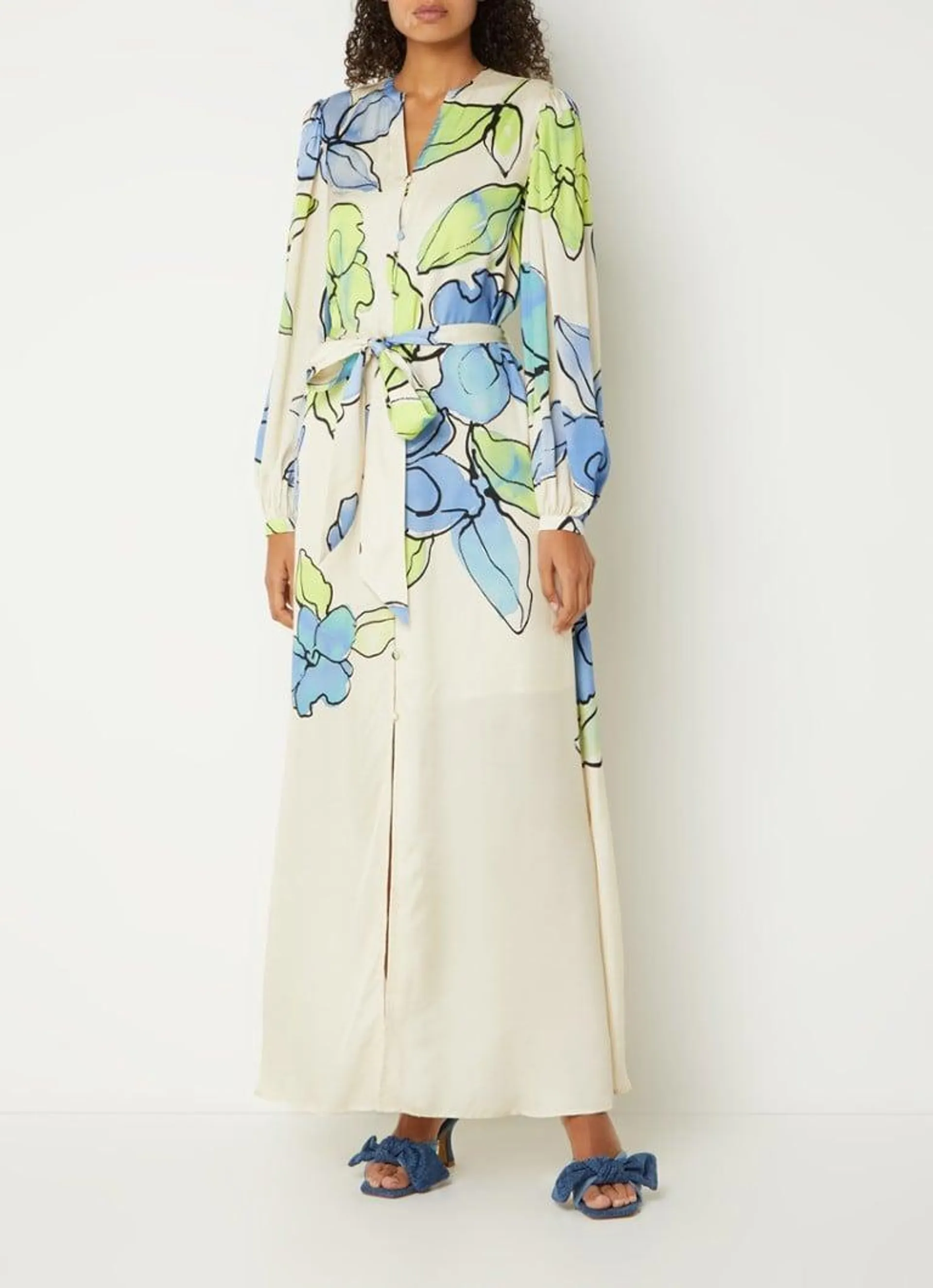 Erina maxi blousejurk met print en strikceintuur