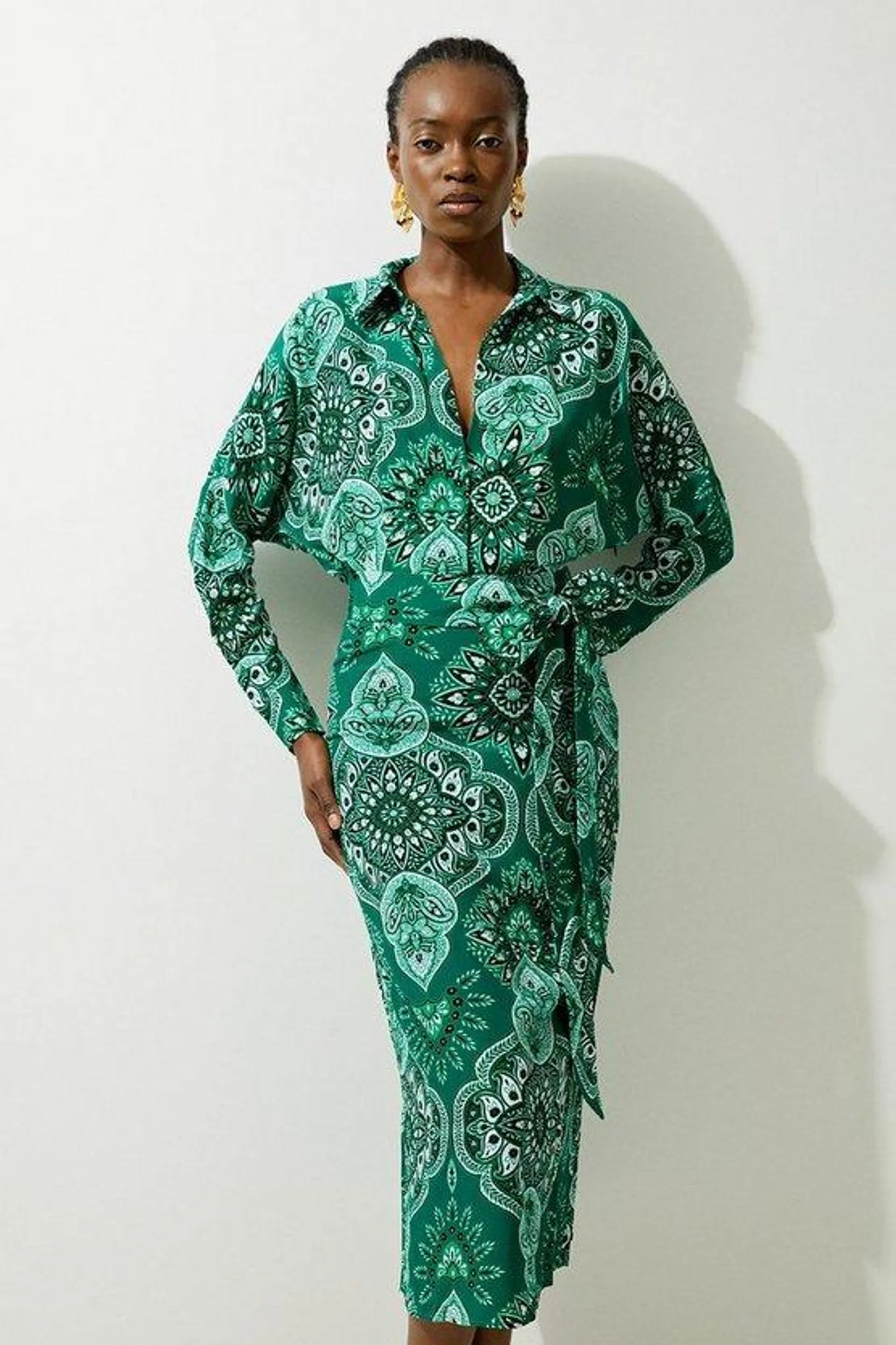 Paisley Printed Morocain Woven Midi Shirt Dress