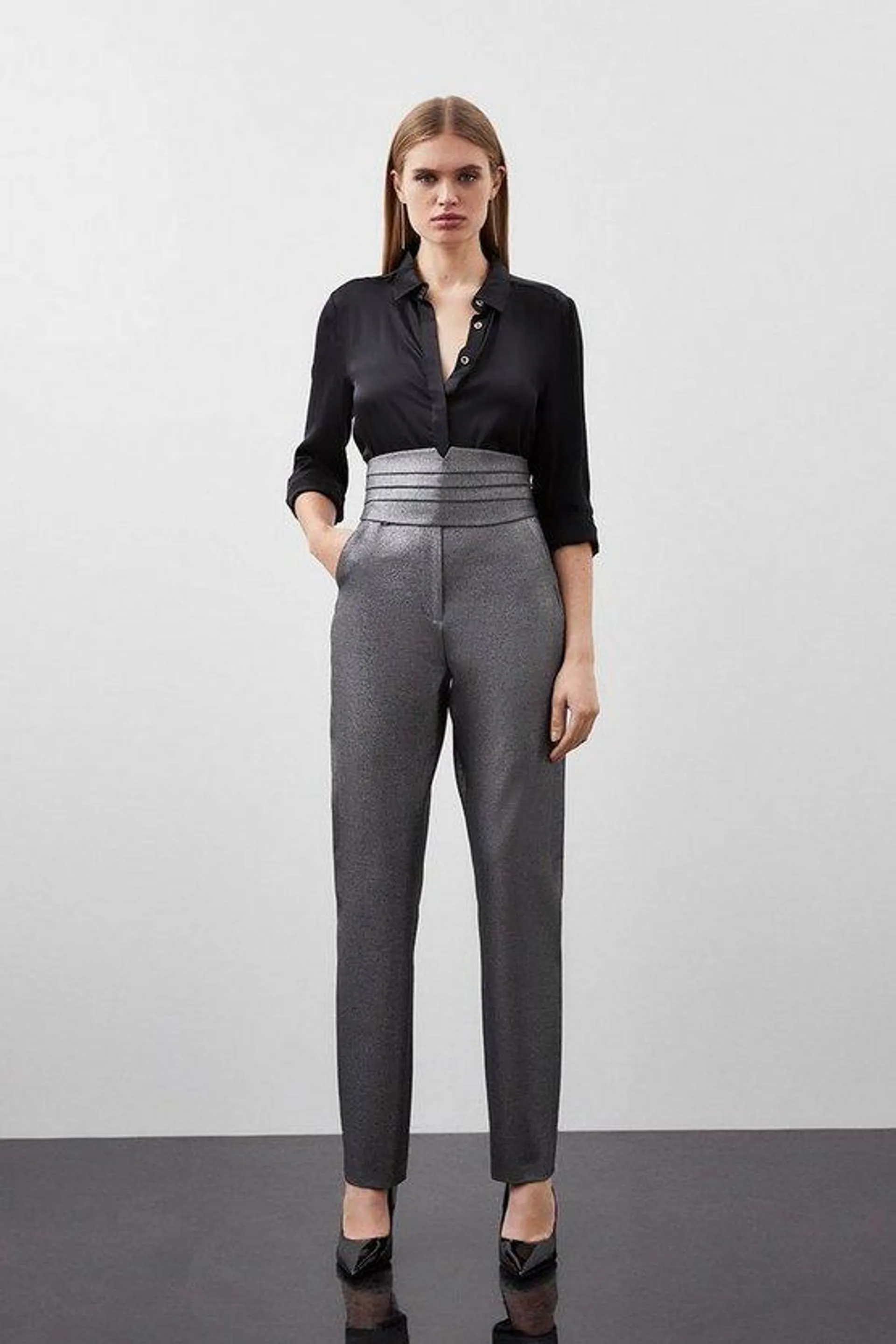 Tailored Compact Stretch Sparkle Satin Cummerbund Trousers