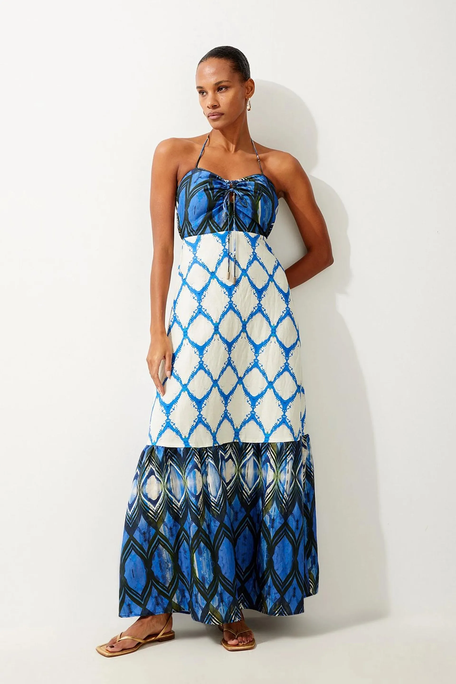 Petite Tile Printed Viscose Linen Woven Maxi Beach Dress