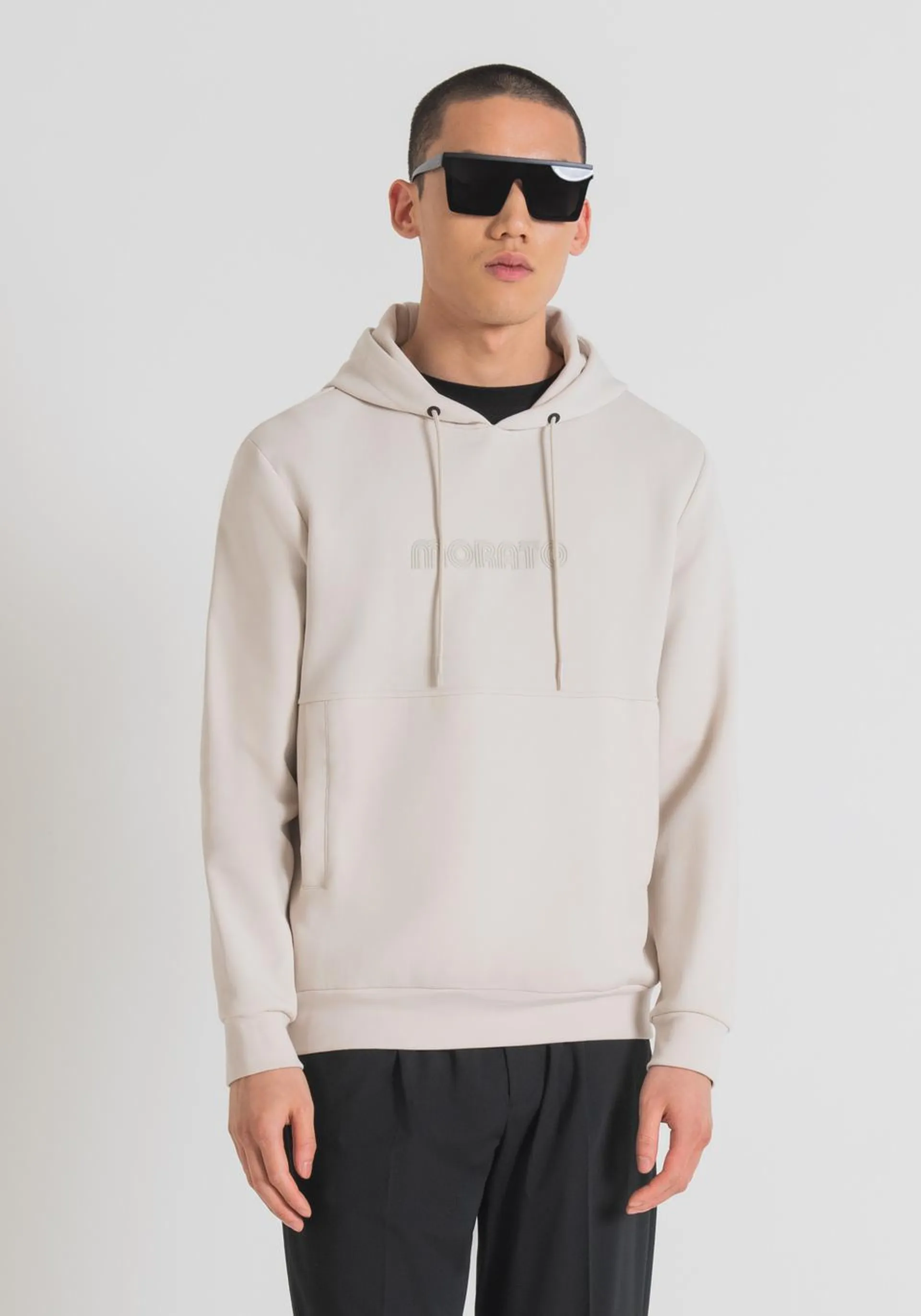 RELAXED FIT COTTON BLEND HOODIE WITH EMBOSSED LOGO