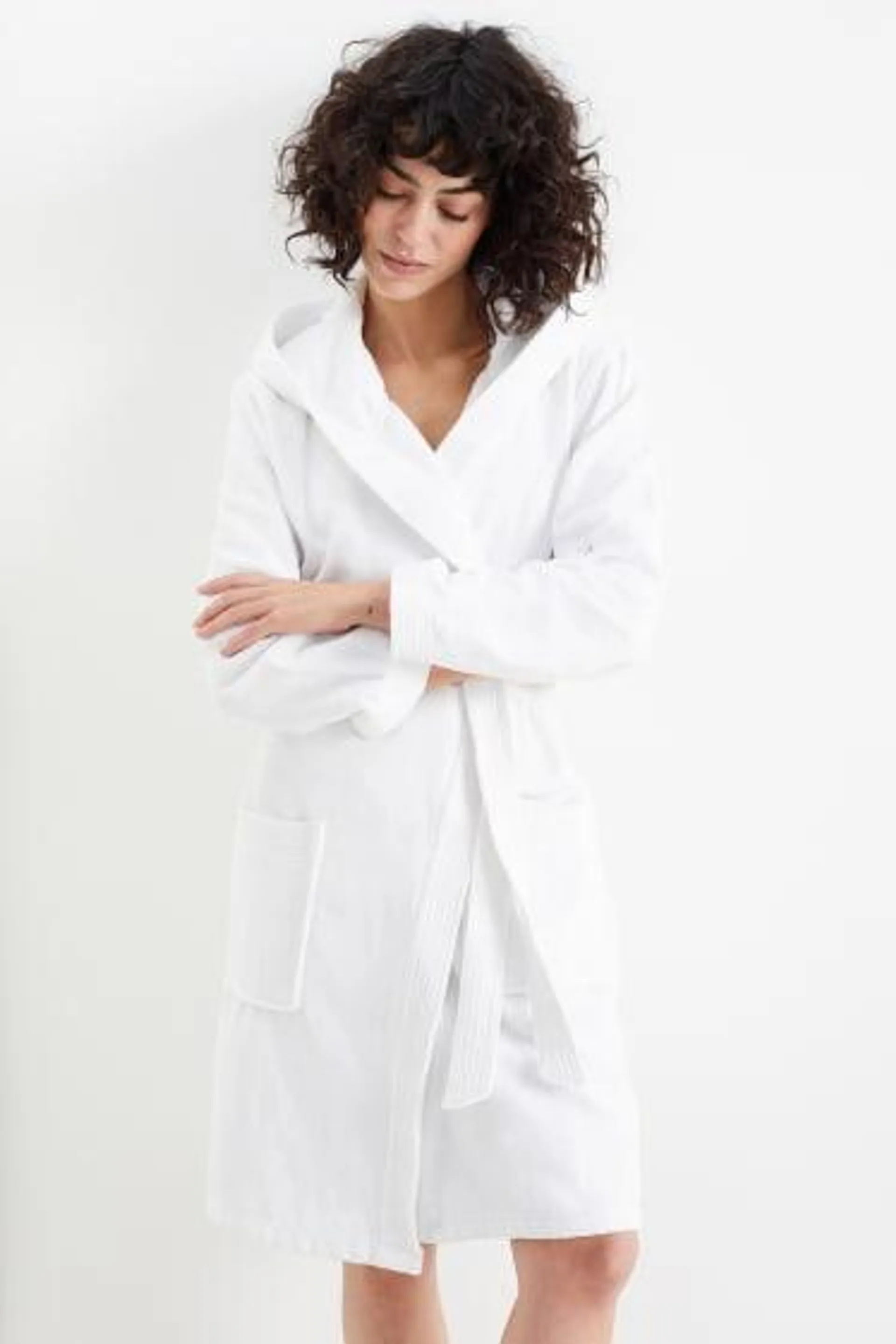 Terry cloth bathrobe with hood