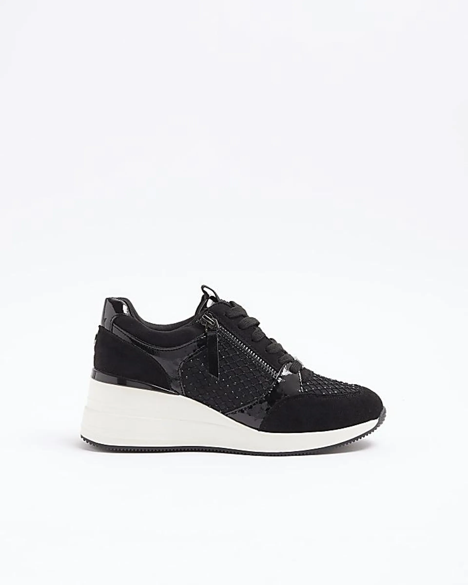 Black mesh panel zip wedge trainers