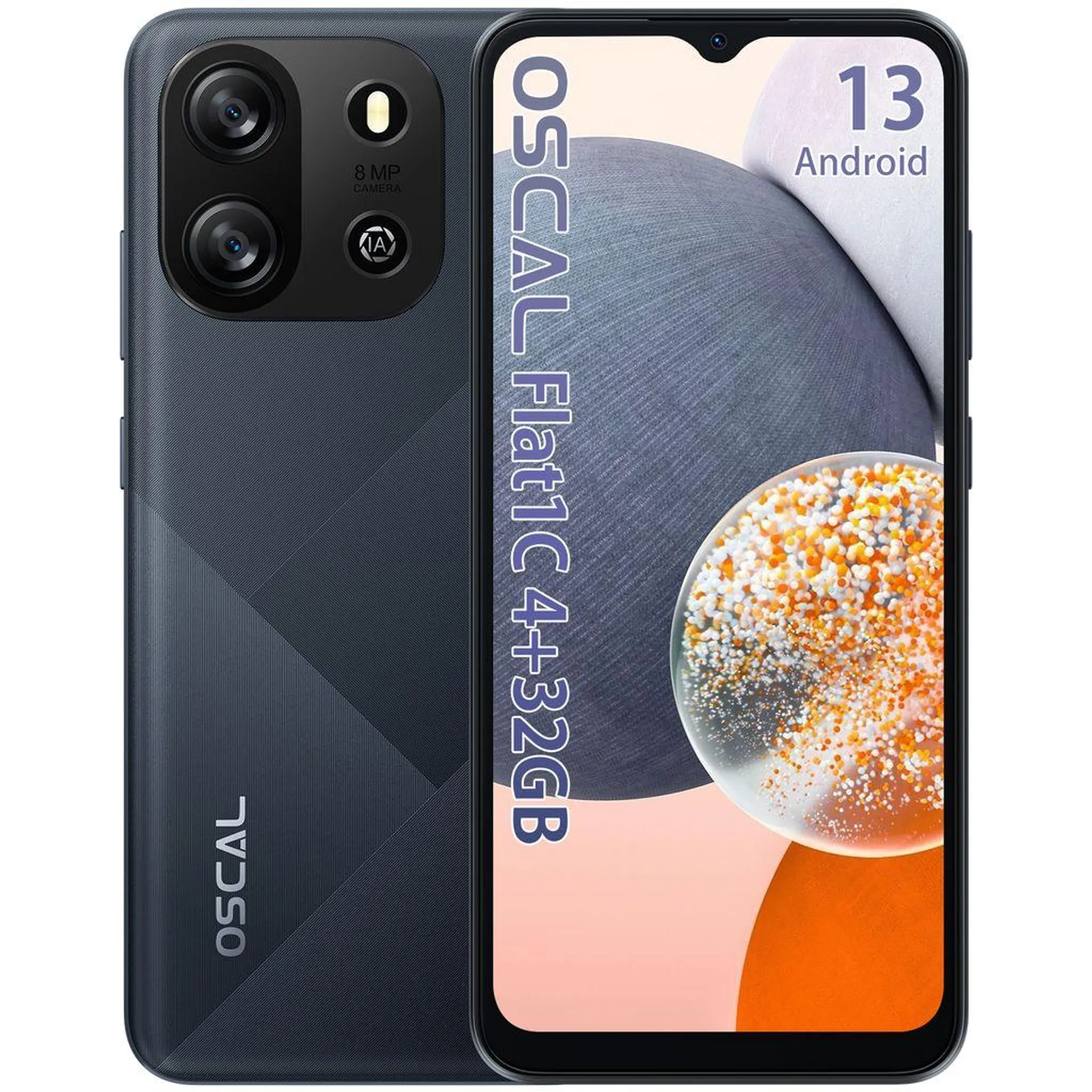 OSCAL FLAT 1C Smartphone ohne Vertrag, 6.5 Zoll Android Handy, 4GB RAM+32GB ROM(erweiterbar), HD+ Display, Octa-Core, 8MP Kamera, 4G Dual SIM, Schwarz