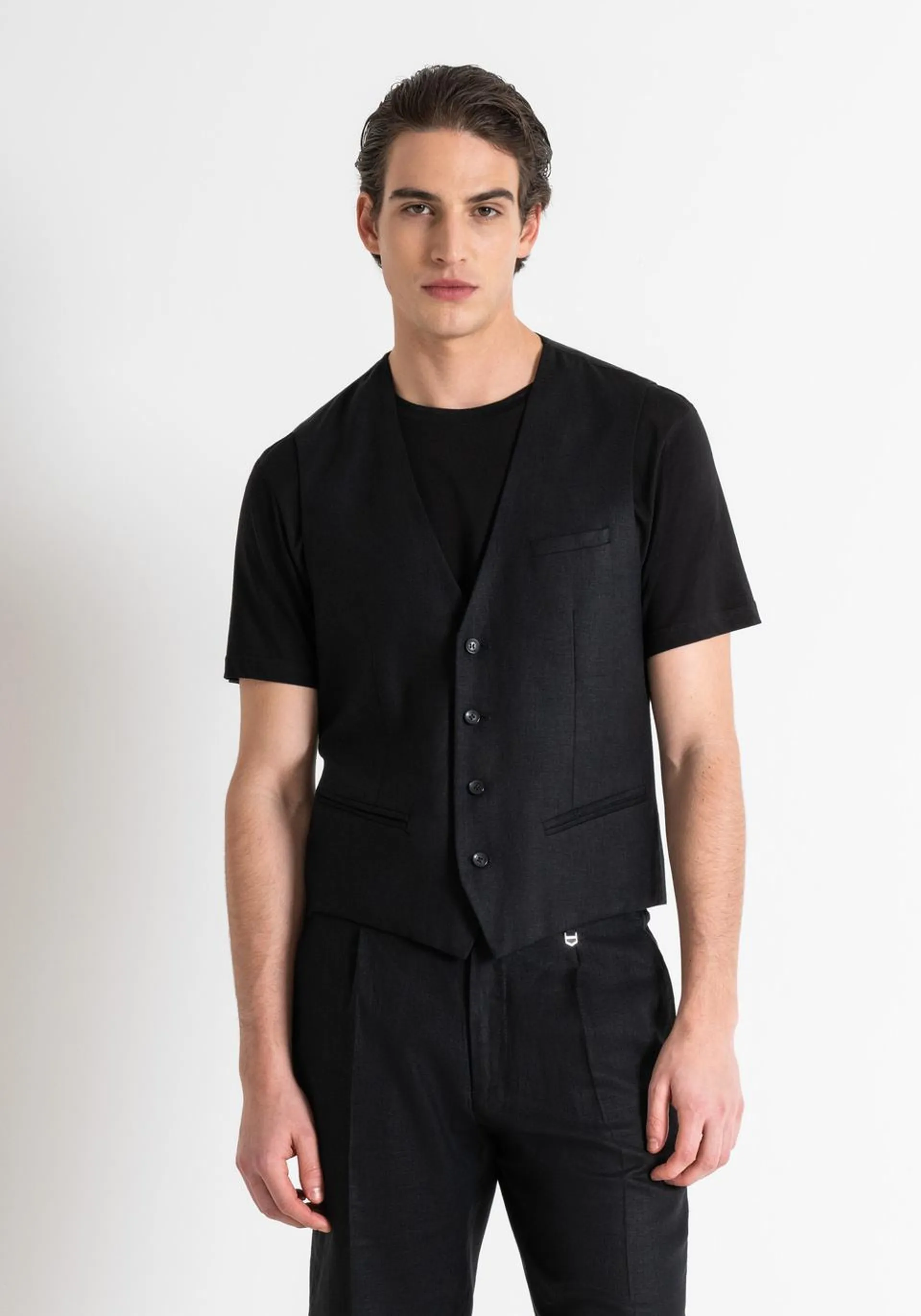 FOUR-BUTTON LINEN BLEND SLIM FIT VEST