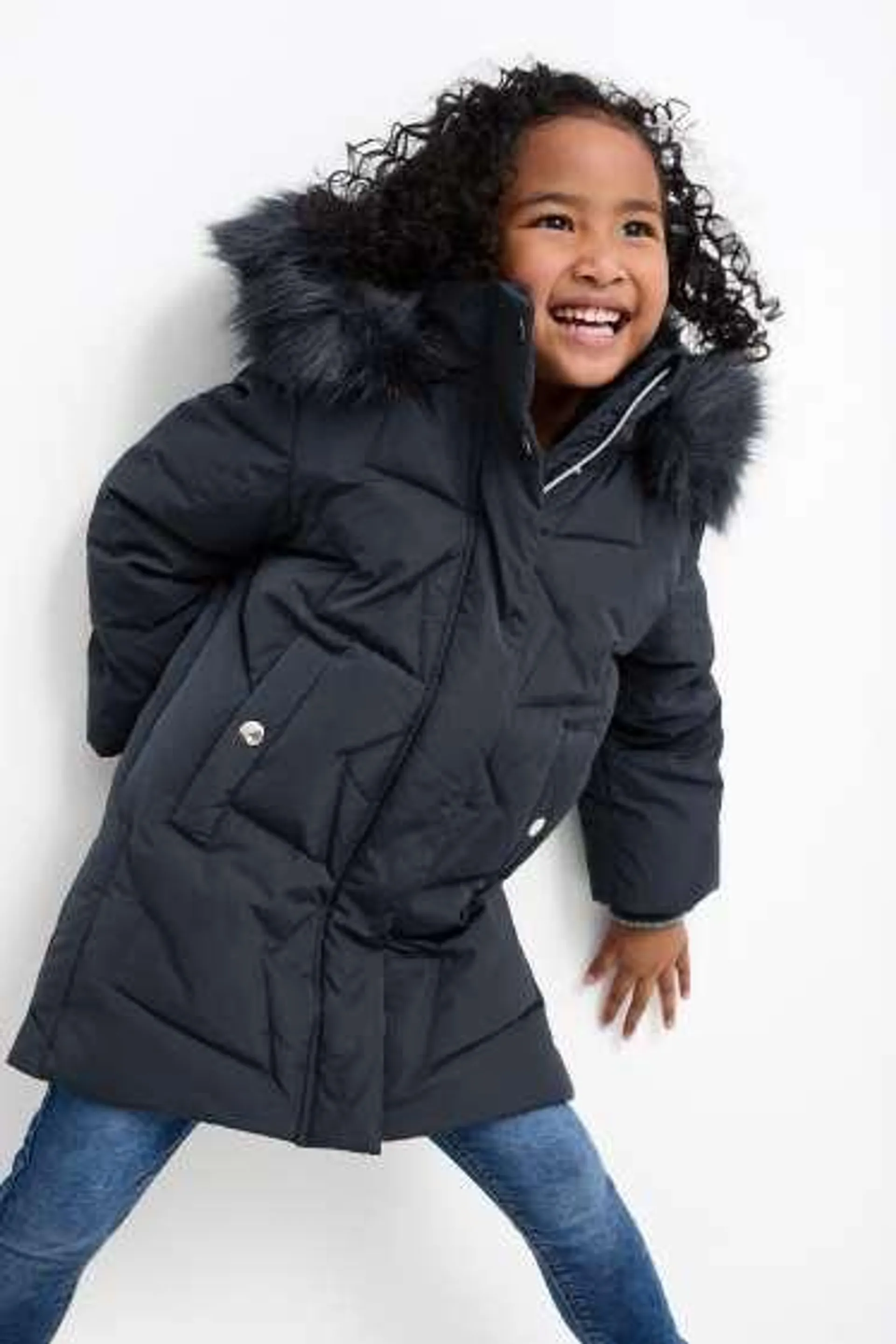 Down jacket with hood and faux fur trim