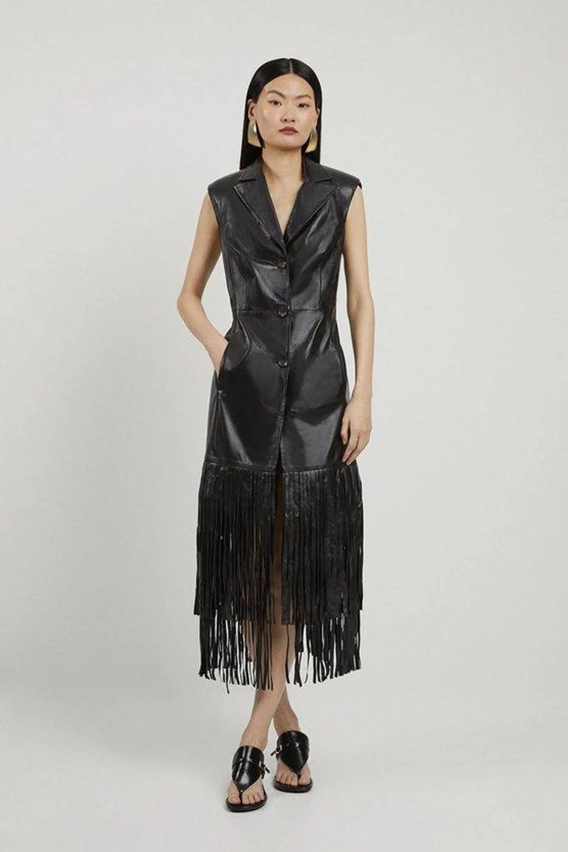 Leather Sleeveless Tassel Hem Tailored Blazer Maxi Dress