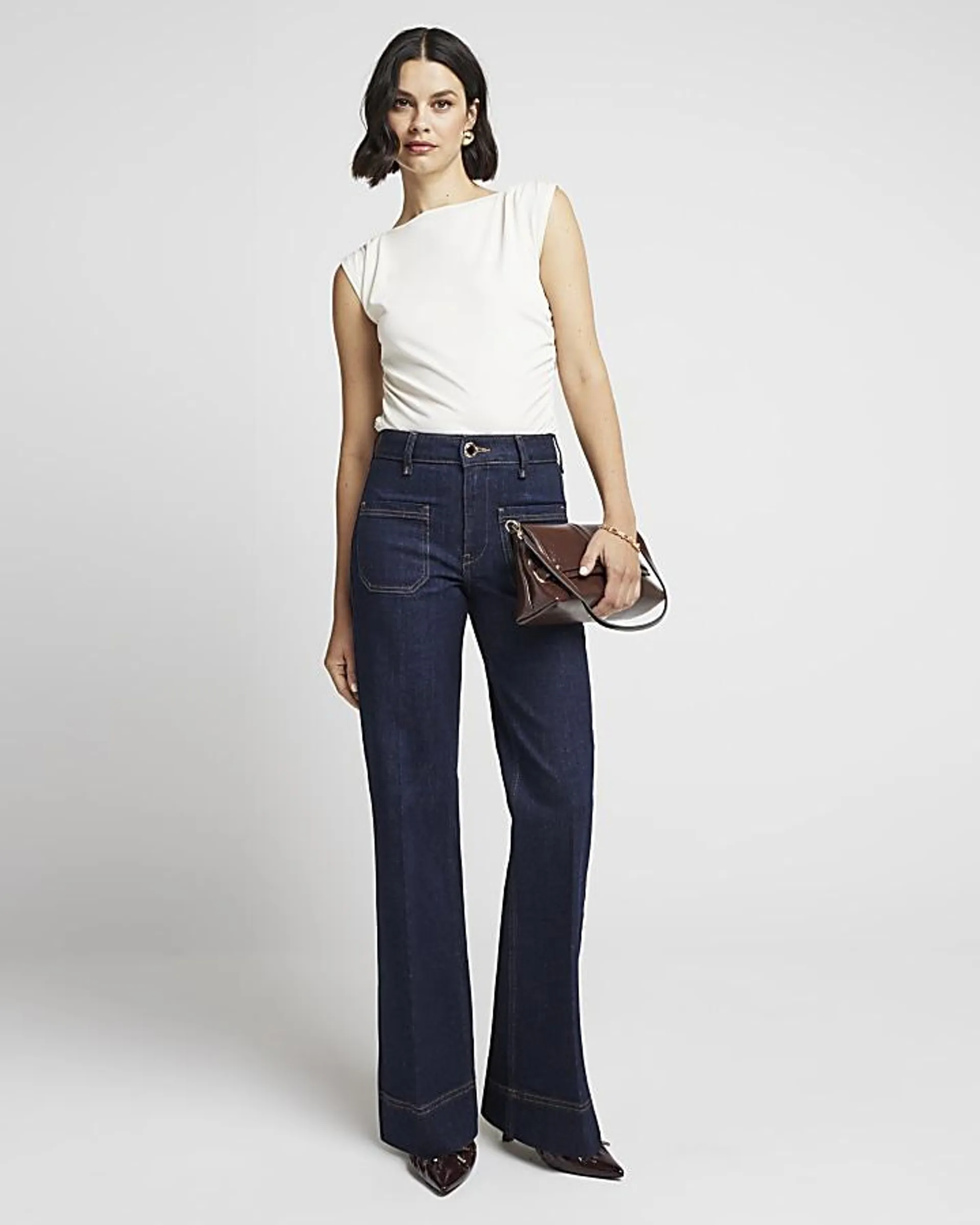 Blue front pocket high waisted wide leg jeans