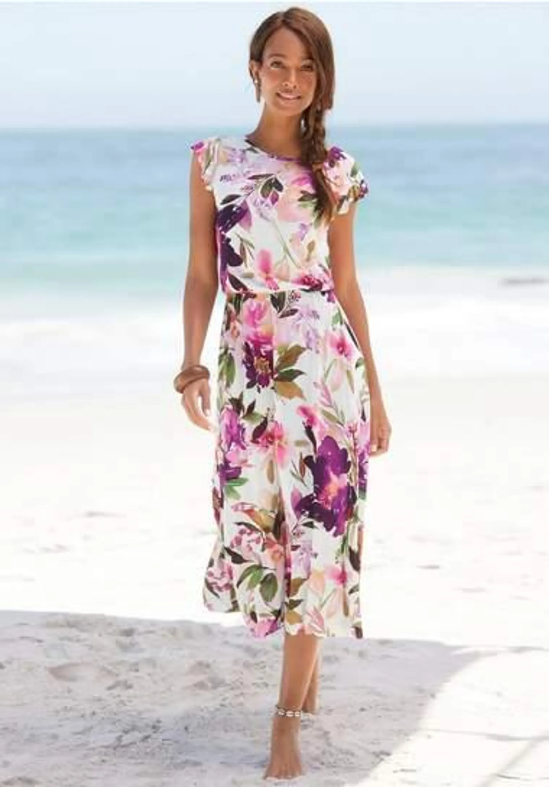 Beachtime Midi-jurk met bloemenprint en elastische tailleband, zomerjurk, strandjurk