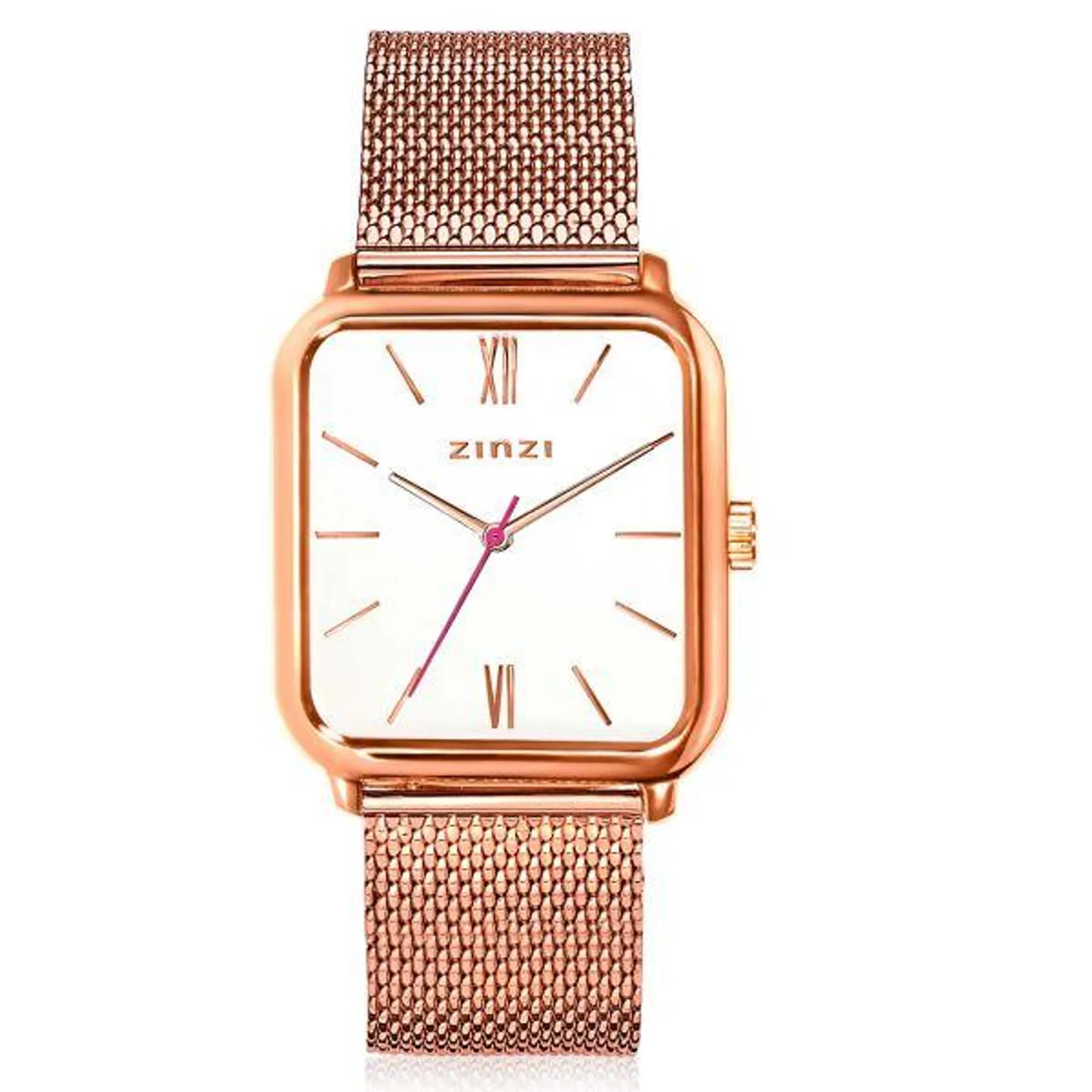 ZINZI Square Roman Watch 32mm White Dial Rose Gold Colored Square Case and Mesh Strap ZIW808M