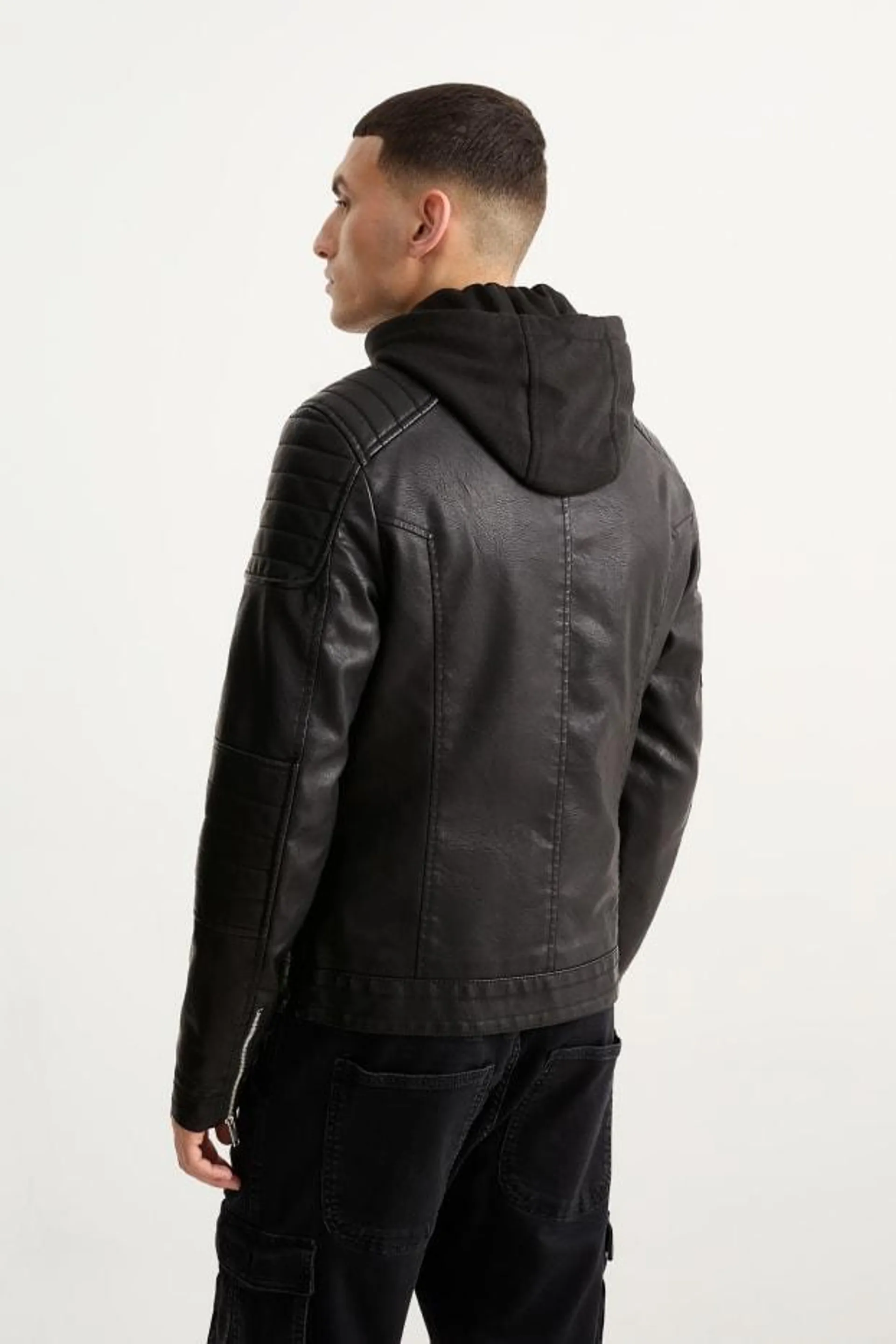 Biker jacket with hood - faux leather