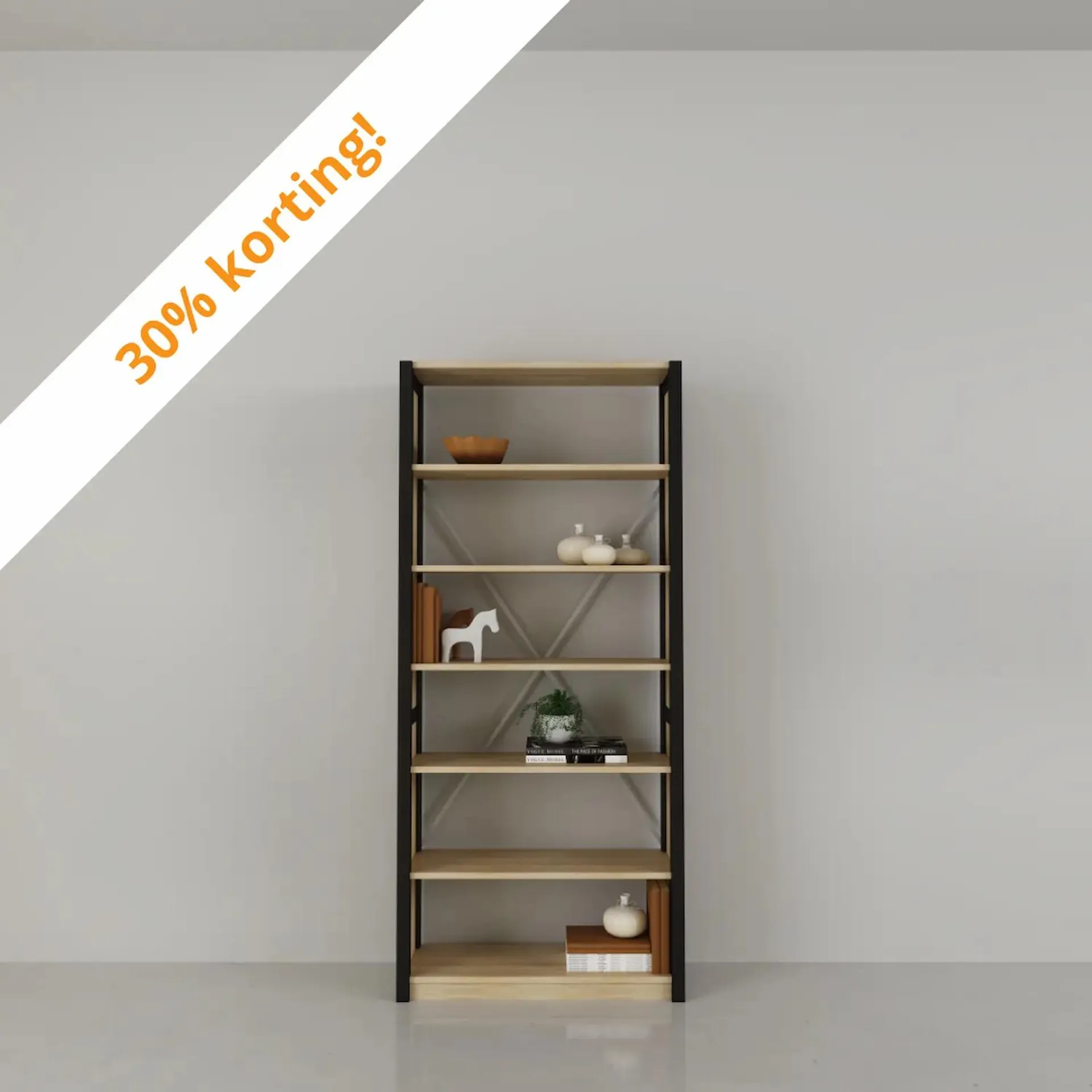 Compacte boekenkast in blank gelakt & zwart. Nu 30% korting!