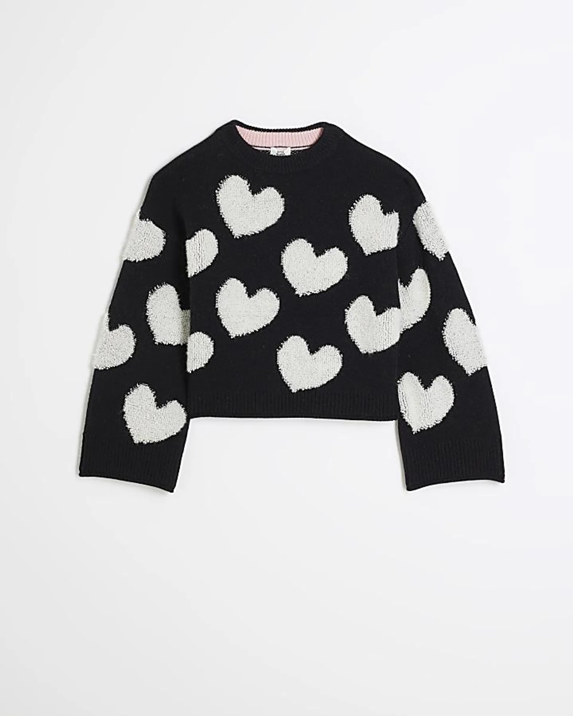 Girls black boucle heart jumper