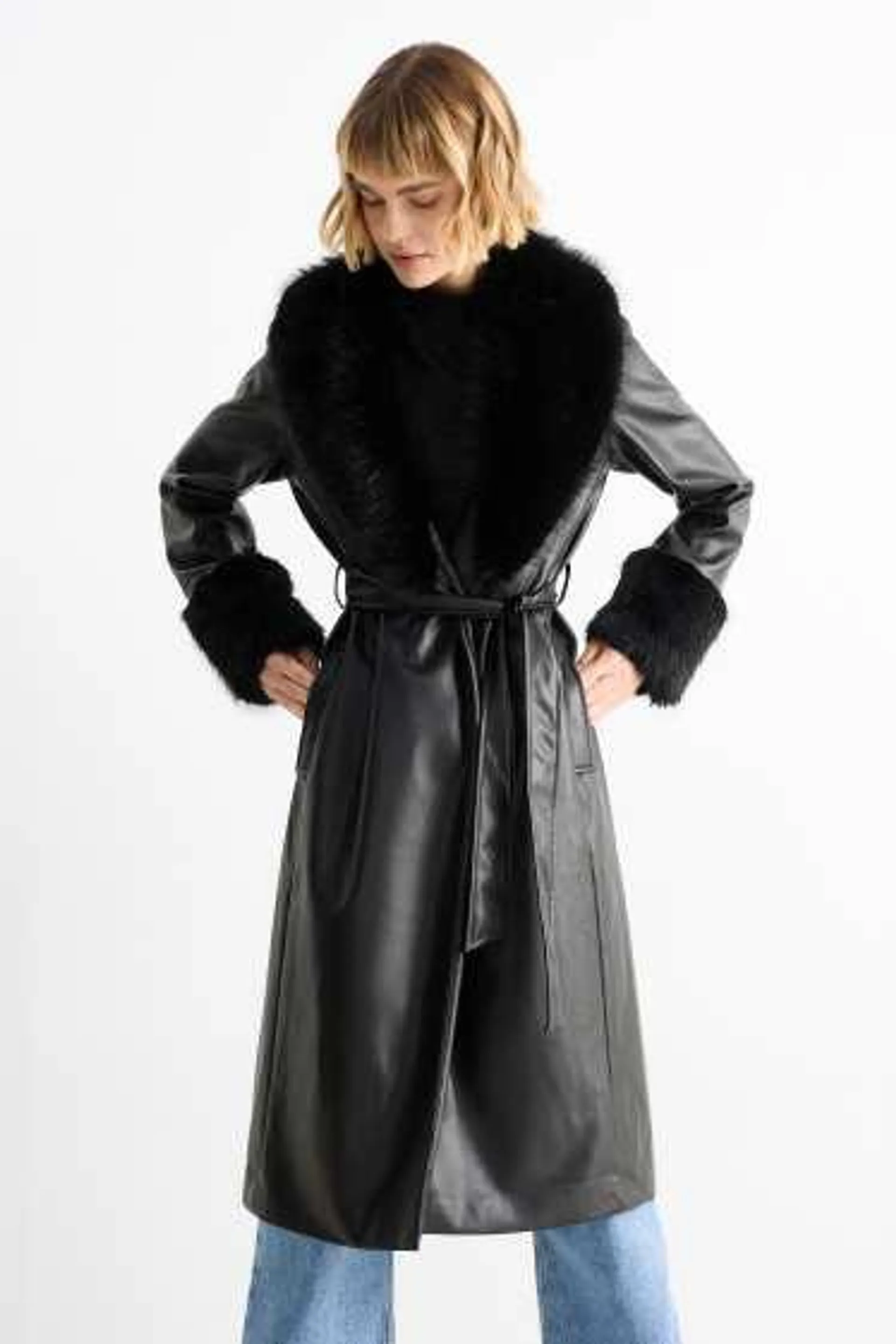 Coat with faux fur trim - faux leather