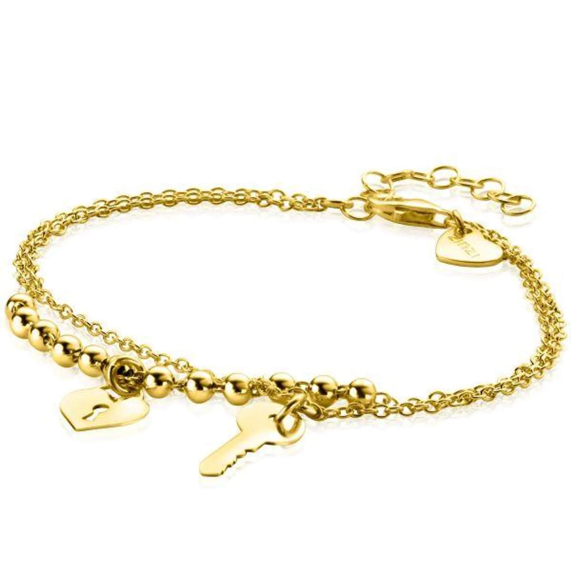 ZINZI Gold Plated Sterling Silver Multi-look Bracelet Bead Chain with Key and Heart Charms ZIA2358