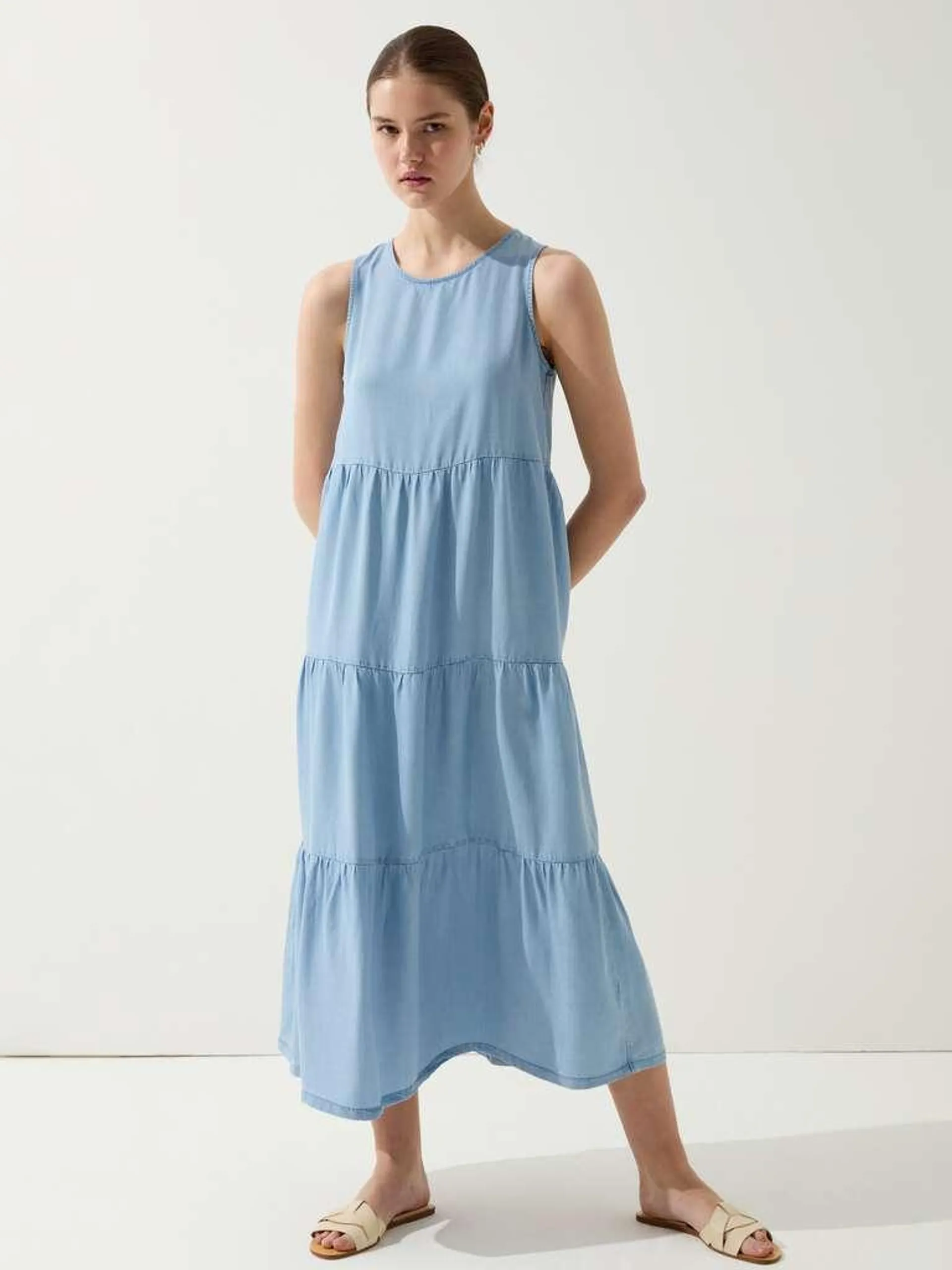 Denim Blue Long denim-effect tiered dress