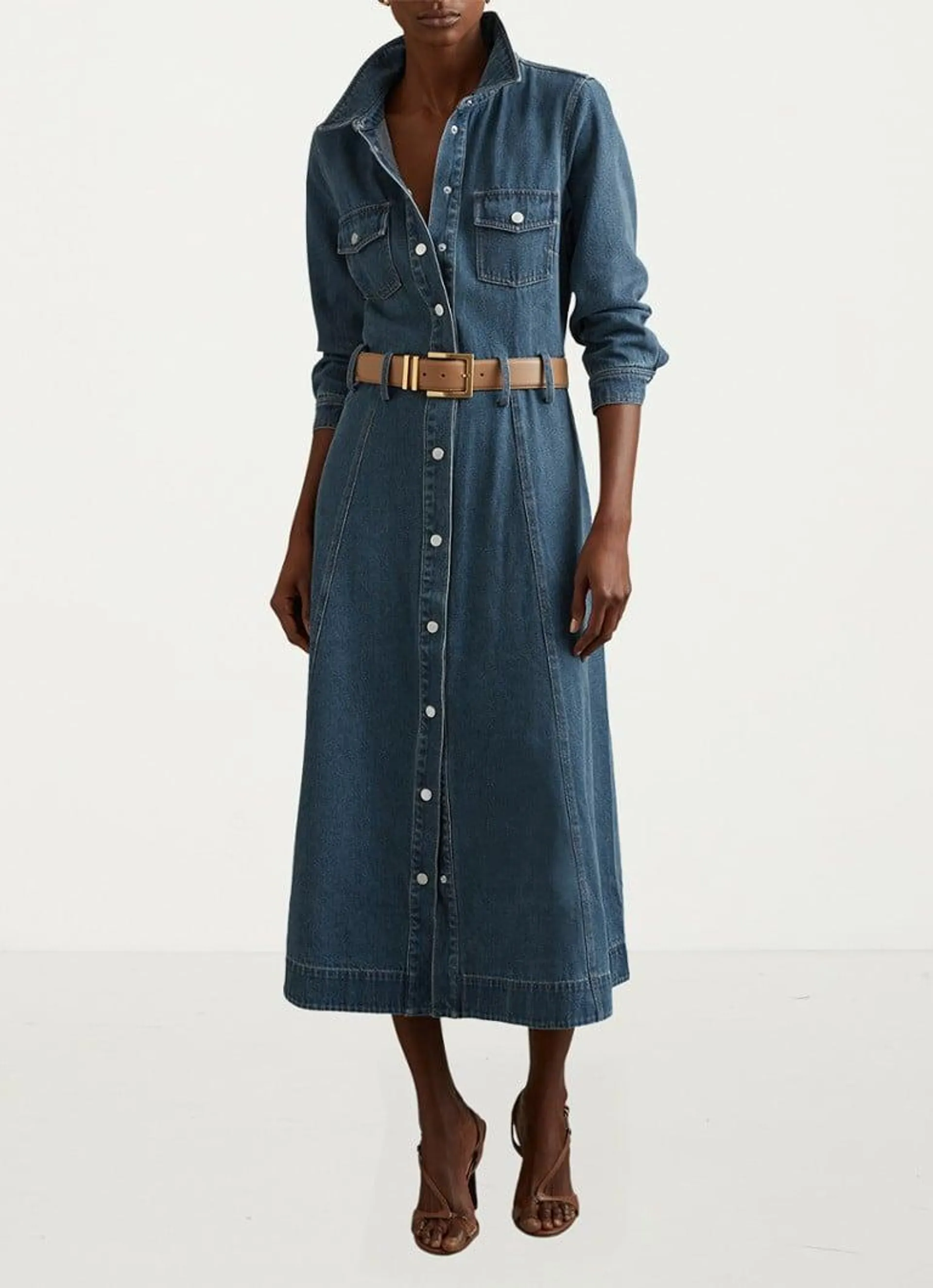 Elsa midi blousejurk van denim met strikceintuur