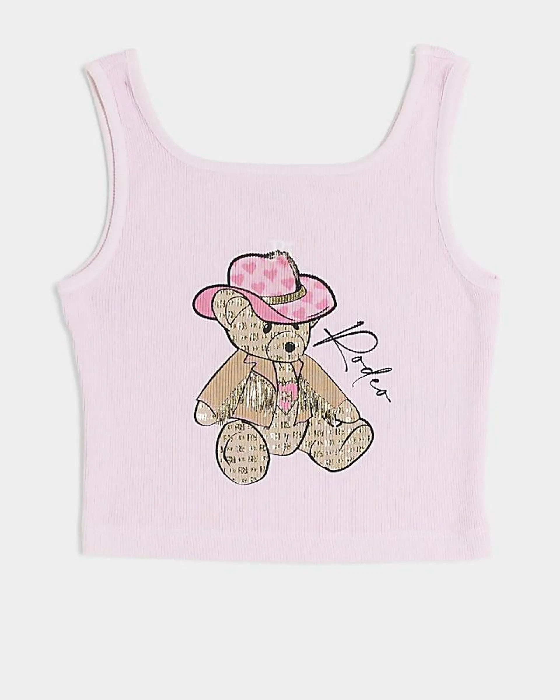 Girls pink ribbed bear vest top