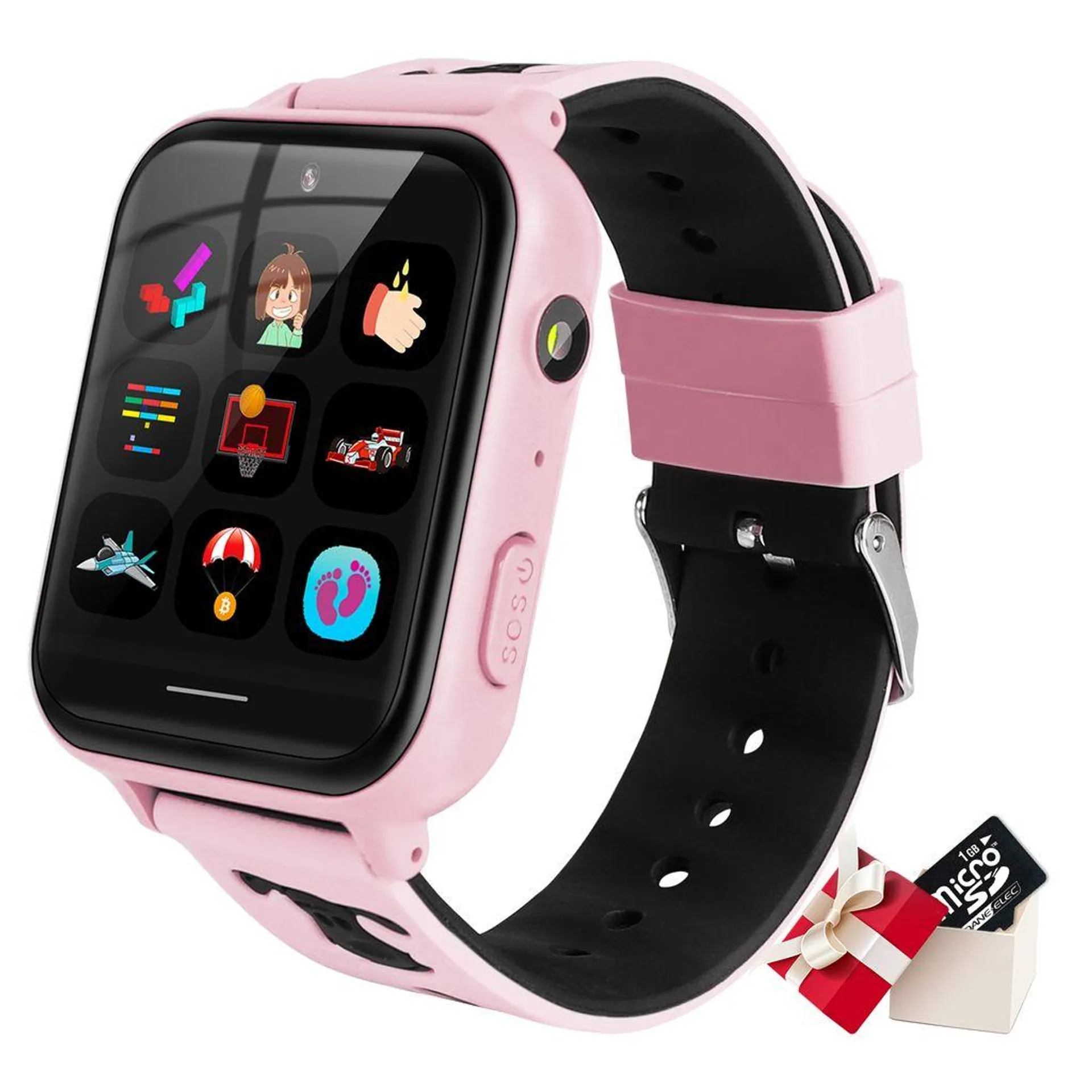 Topchances Kinder Spiel Smartwatch Telefon mit Musikspieler SOS Spiele Kamera Rechner Wecker Touchscreen Voice Chat(mit/ 1G SD Card) für Jungen und Mädchen,Rosa