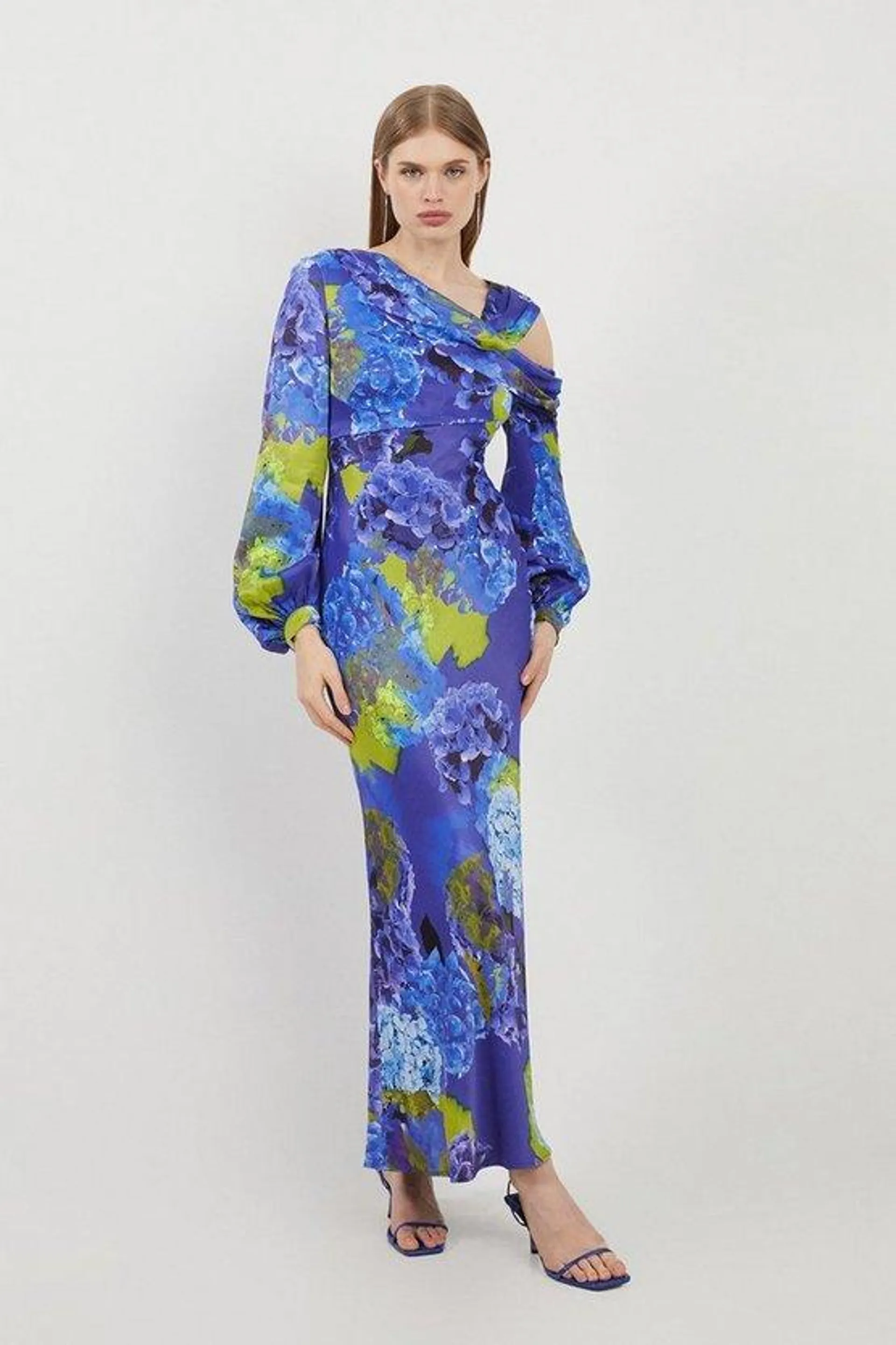 Bright Floral Print Satin Cold Shoulder Draped Midi Dress