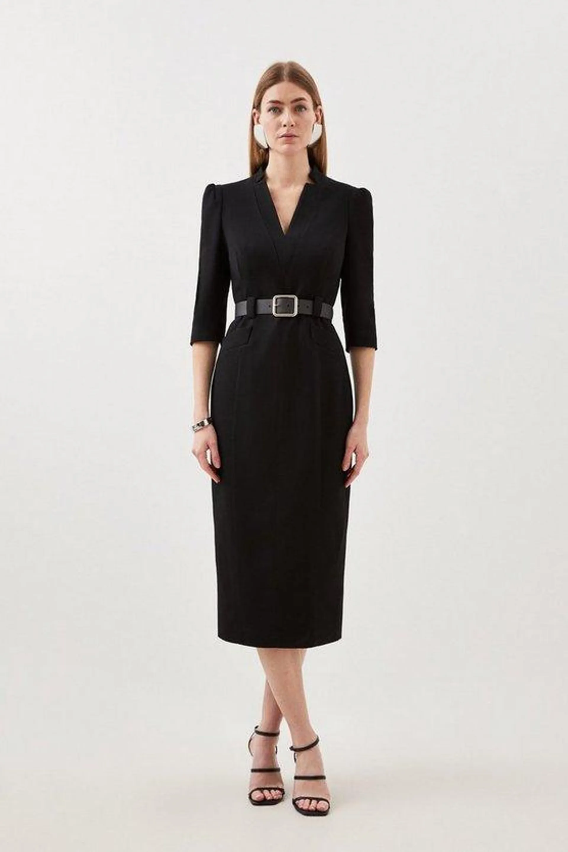 Structured Crepe Forever Belted Midi Pencil Dress