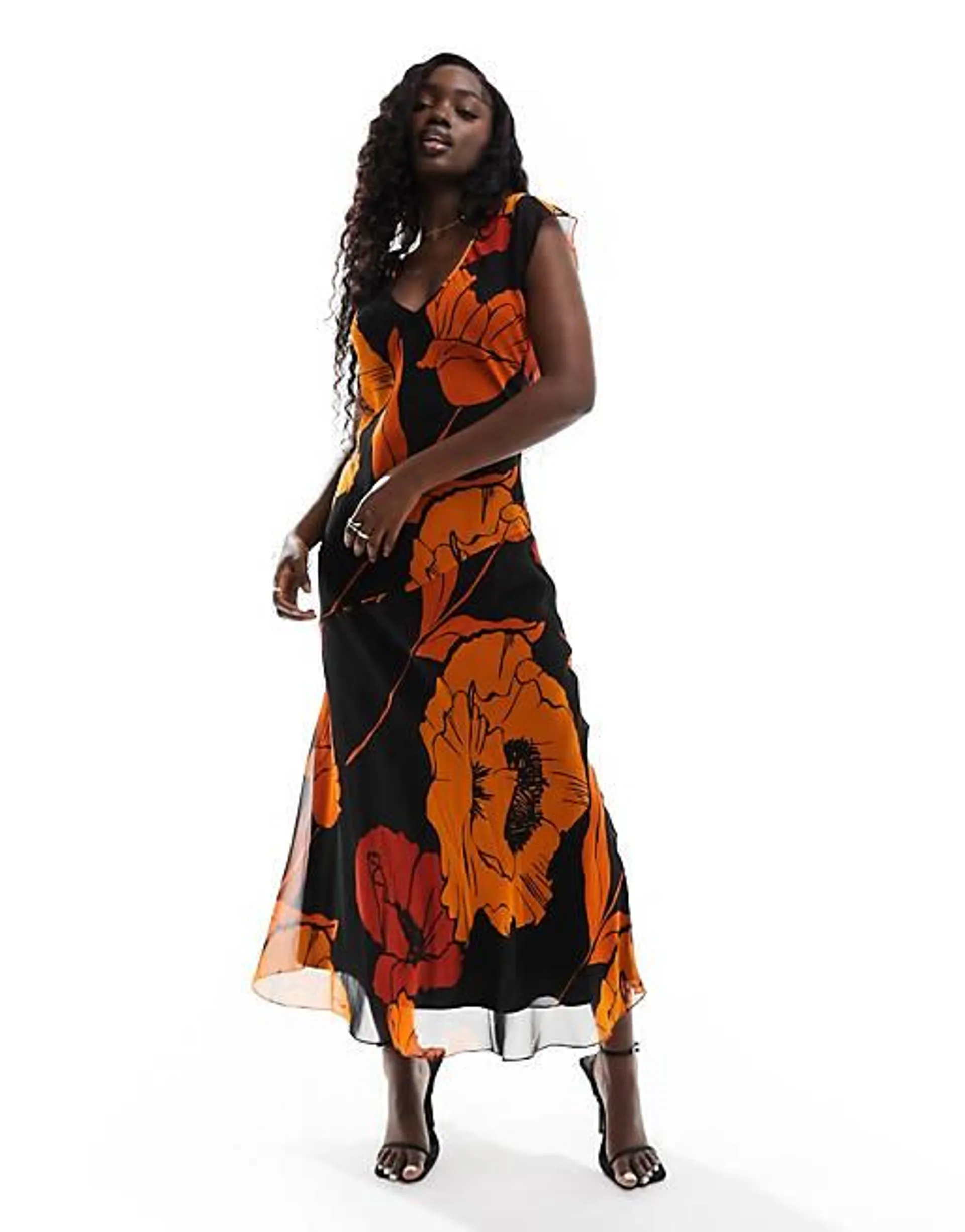 ASOS DESIGN - Mouwloze midi-jurk met V-hals en oranje bloemenprint