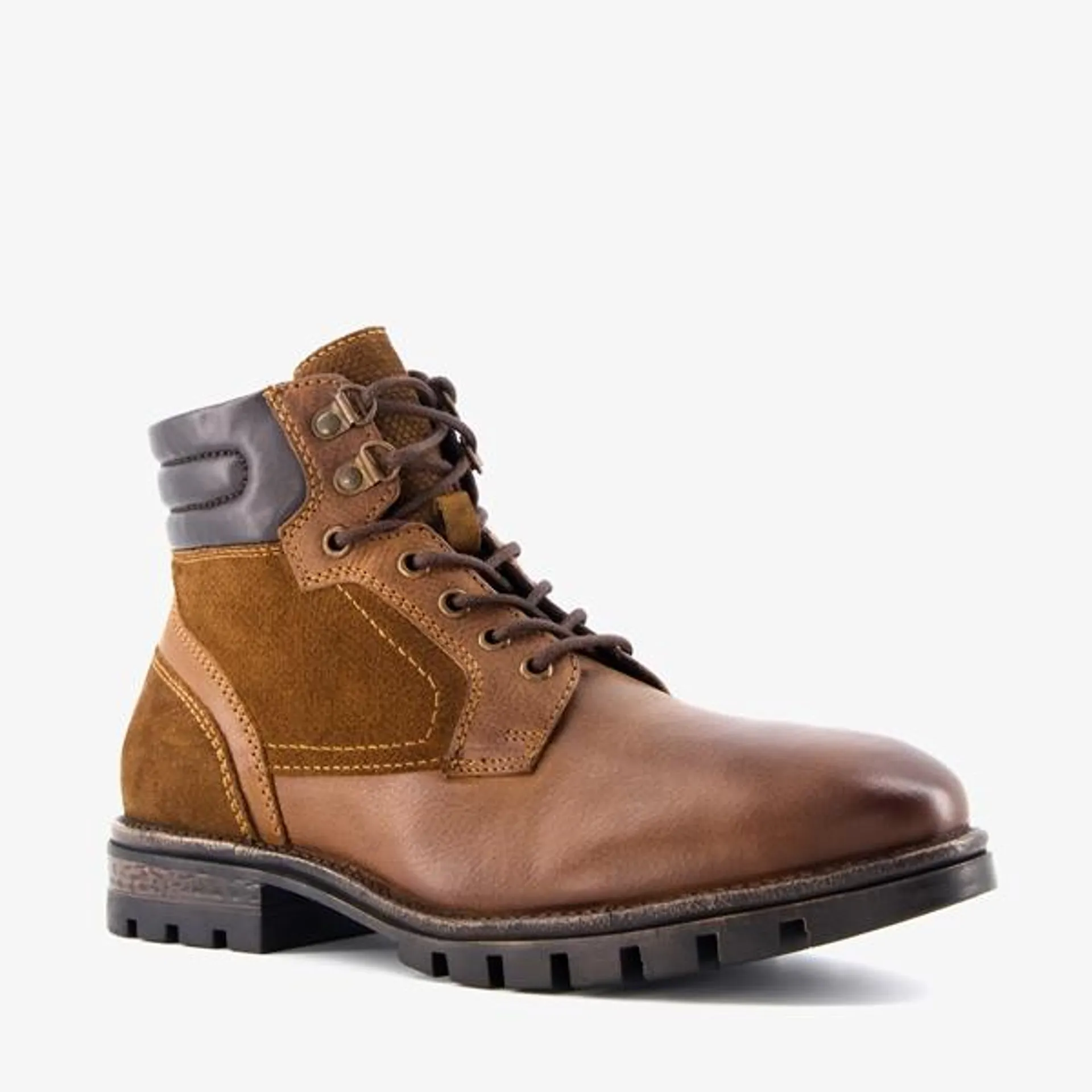 Van Beers leren heren veterboots cognac met suede