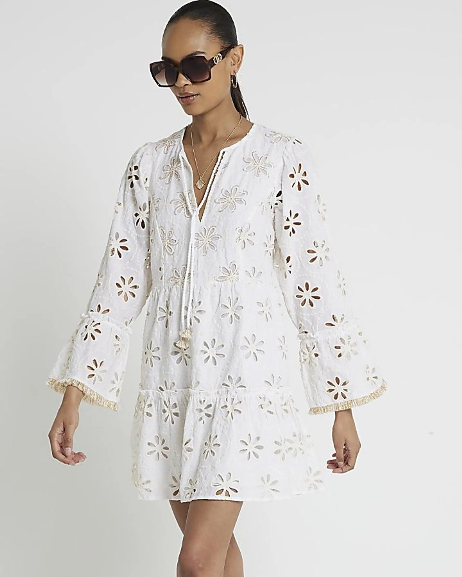 Cream broderie smock mini dress