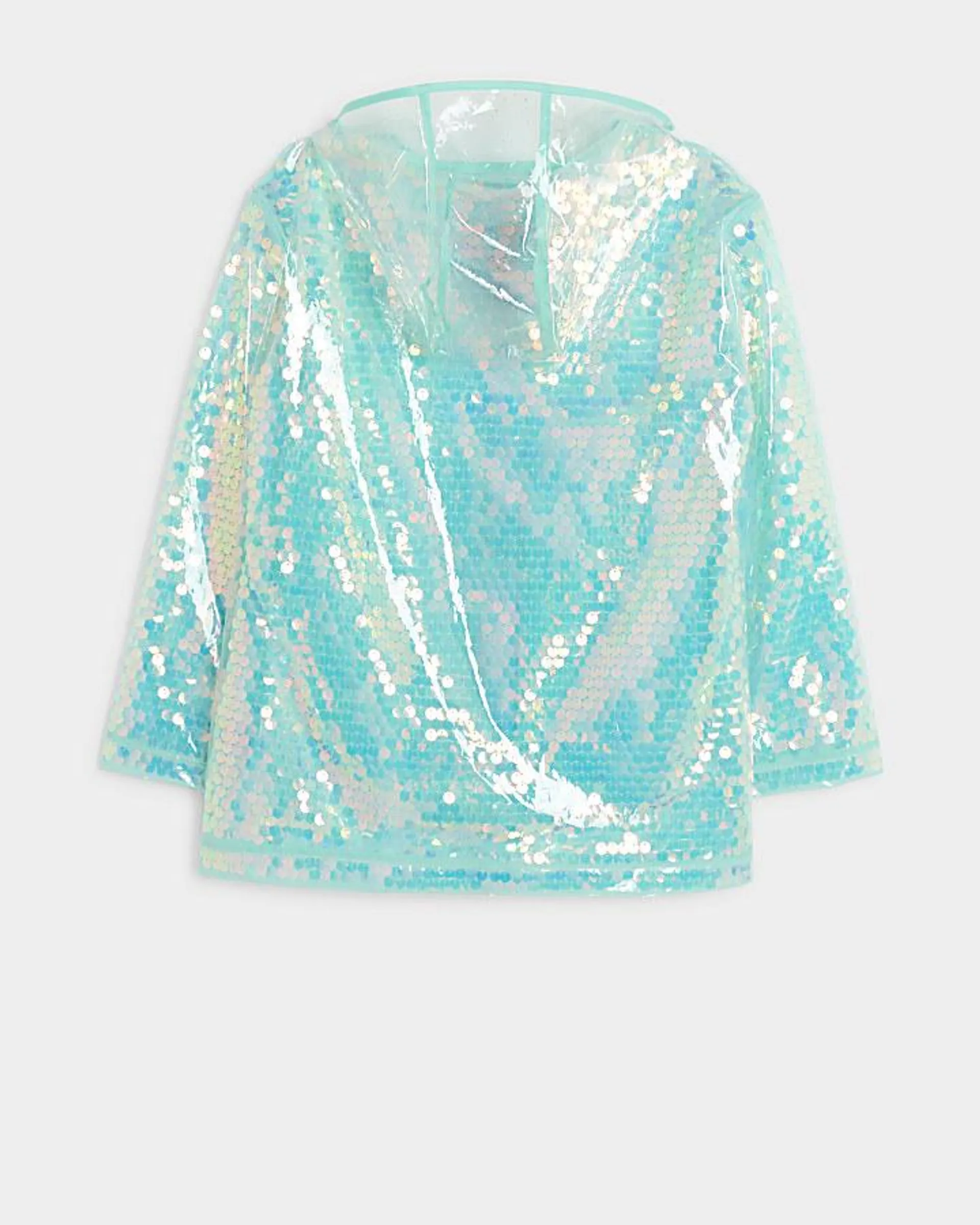 Girls blue sequin hooded rain coat