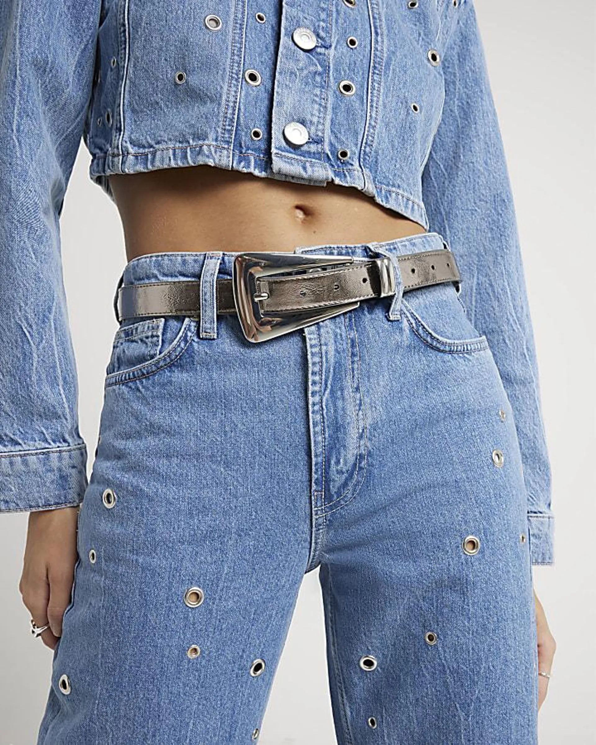 Blue relaxed straight eyelet jeans