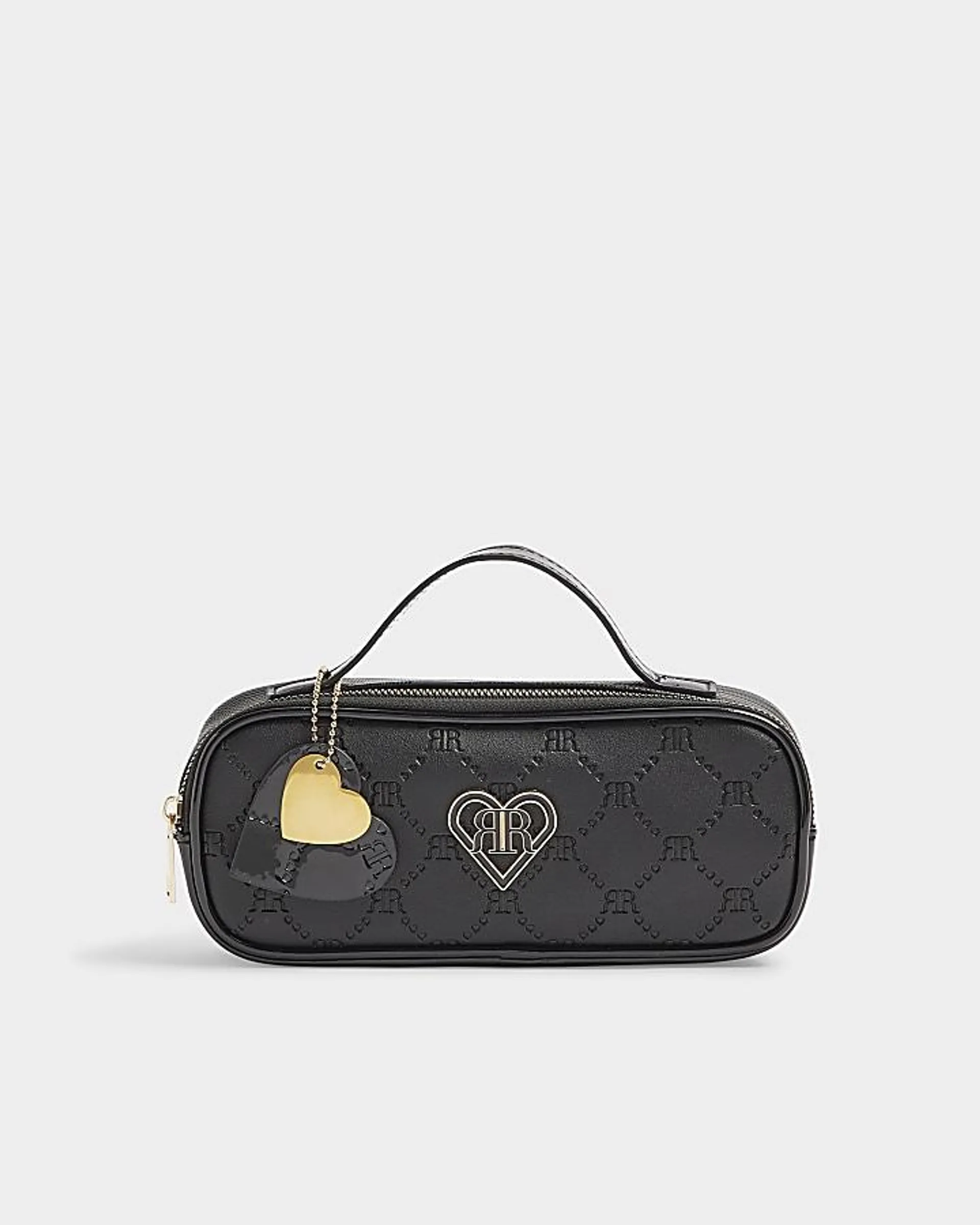 Girls black embossed monogram pencil case