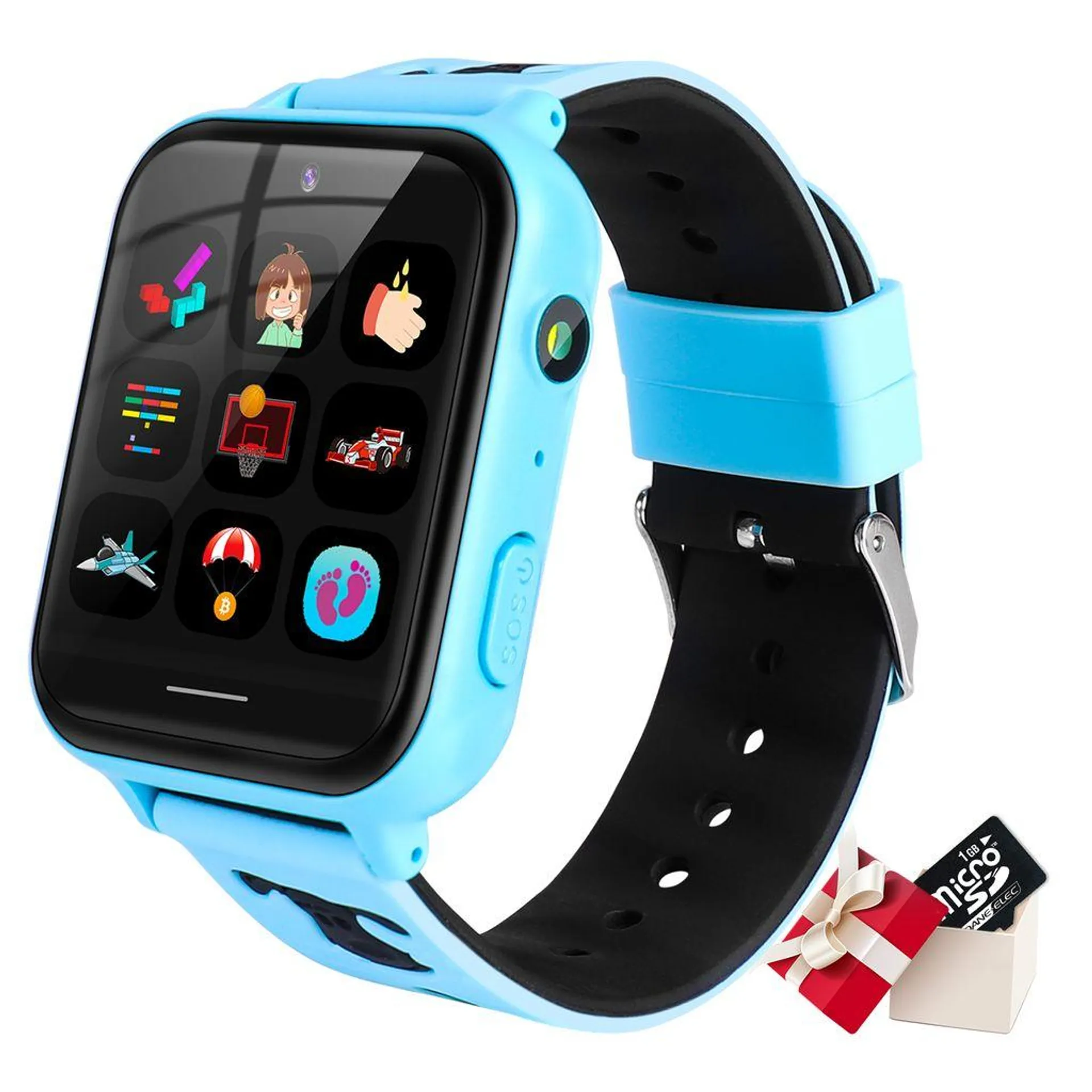 Topchances Kinder Spiel Smartwatch Telefon mit Musikspieler SOS Spiele Kamera Rechner Wecker Touchscreen Voice Chat(mit/ 1G SD Card) für Jungen und Mädchen,Blau