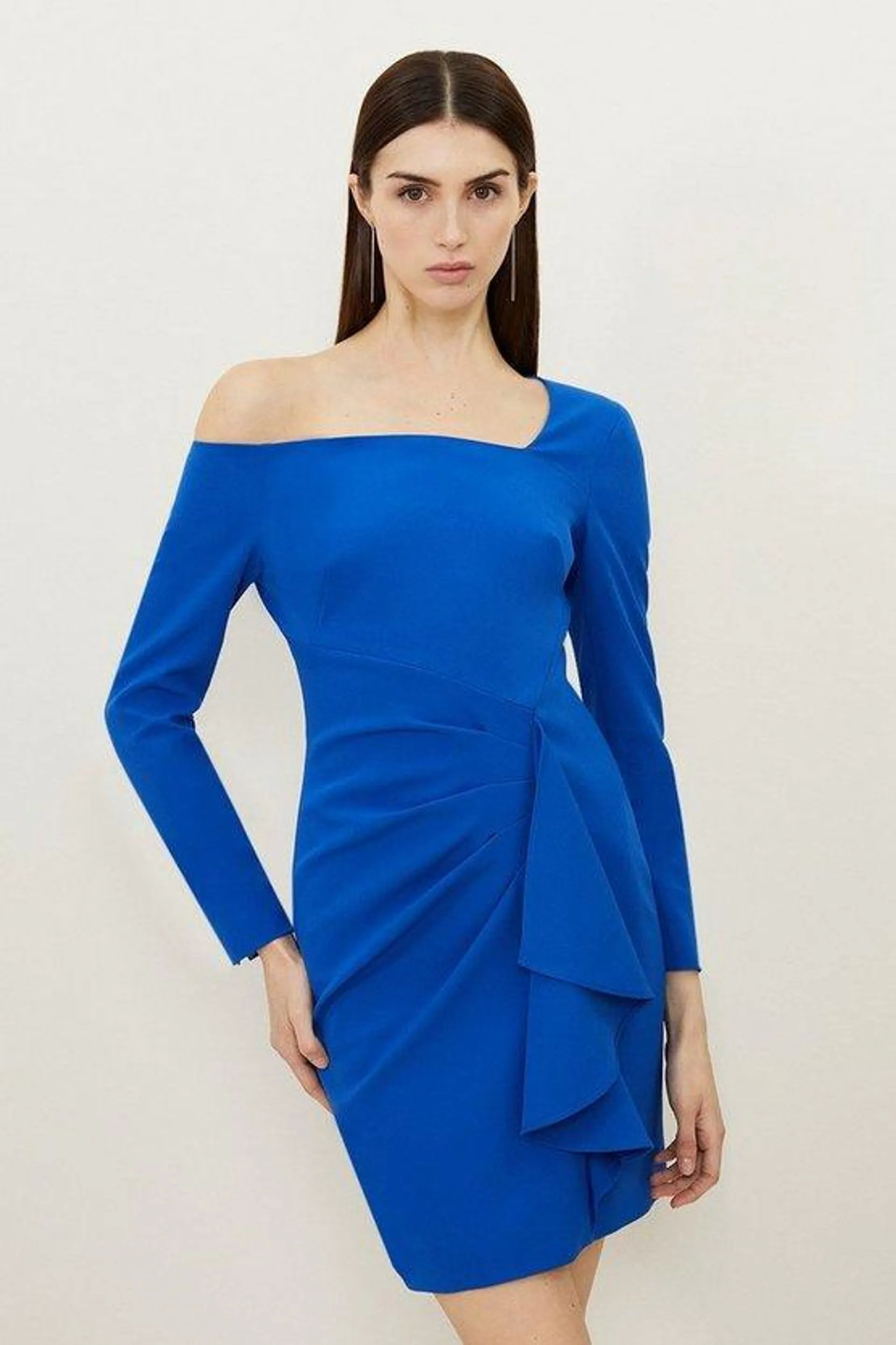 Stretch Crepe Asymmetric Neckline Draped Mini Dress