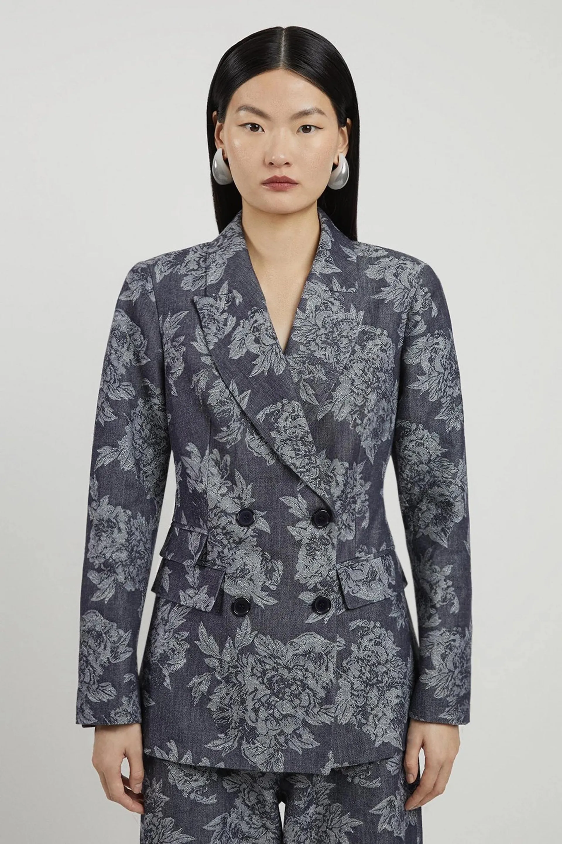 Tailored Floral Denim Double Breasted Blazer