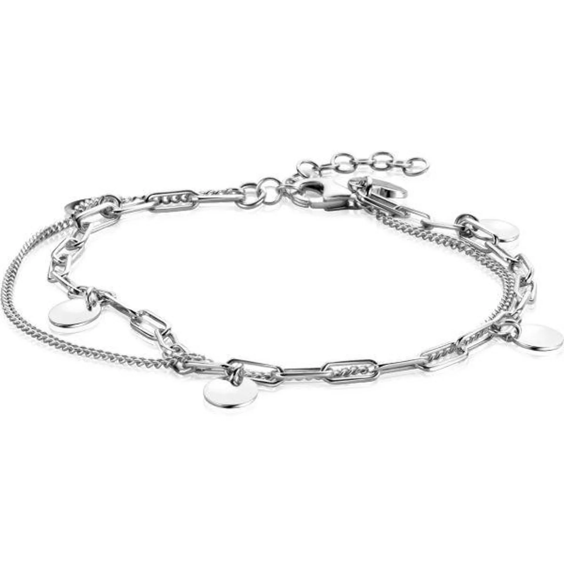 ZINZI zilveren multilook armband met gourmet en paperclip schakel en gladde ronde plaatjes 16,5-19,5cm ZIA-BF77