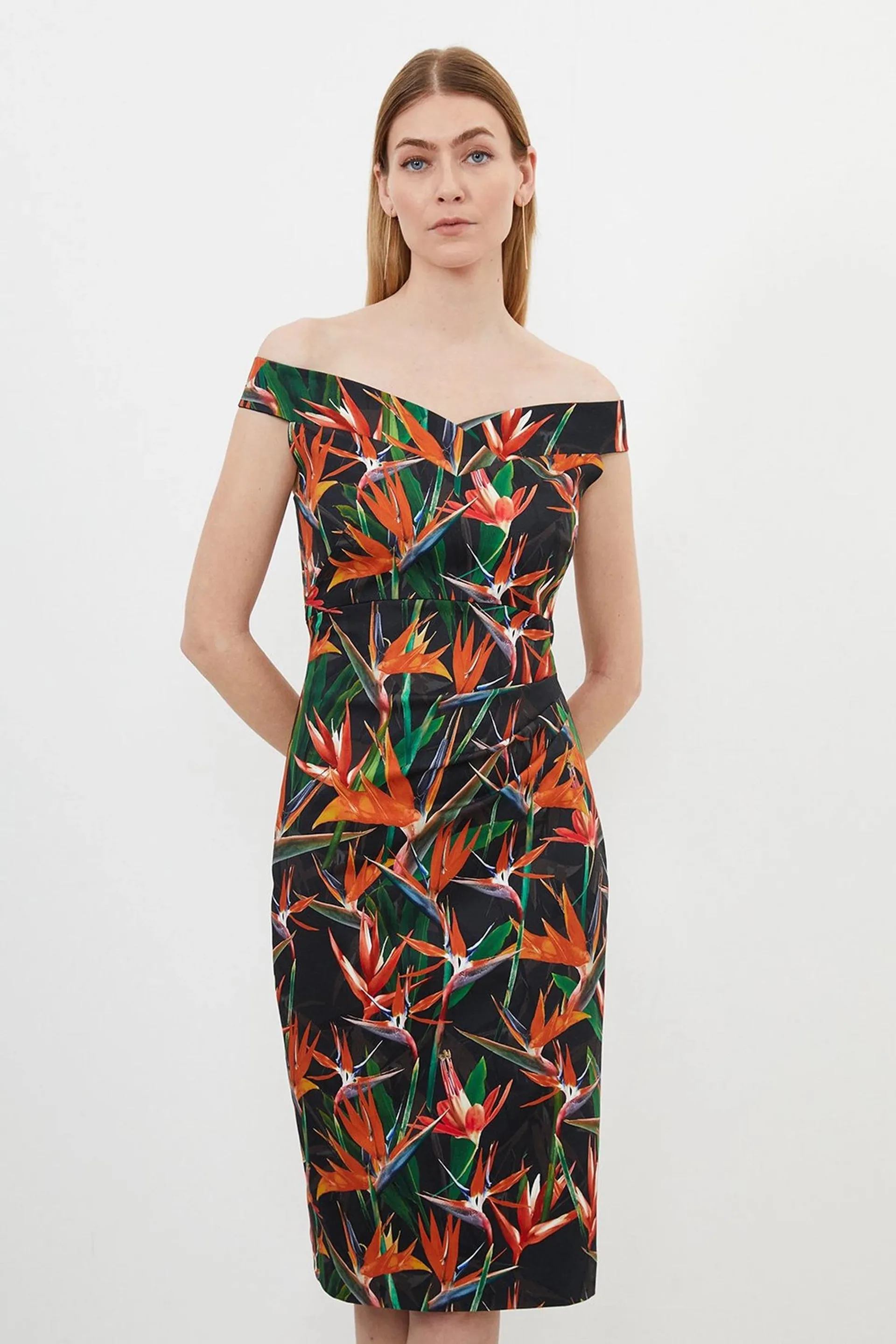 Tailored Tropical Lily Print Cotton Sateen Bardot Midi Dress