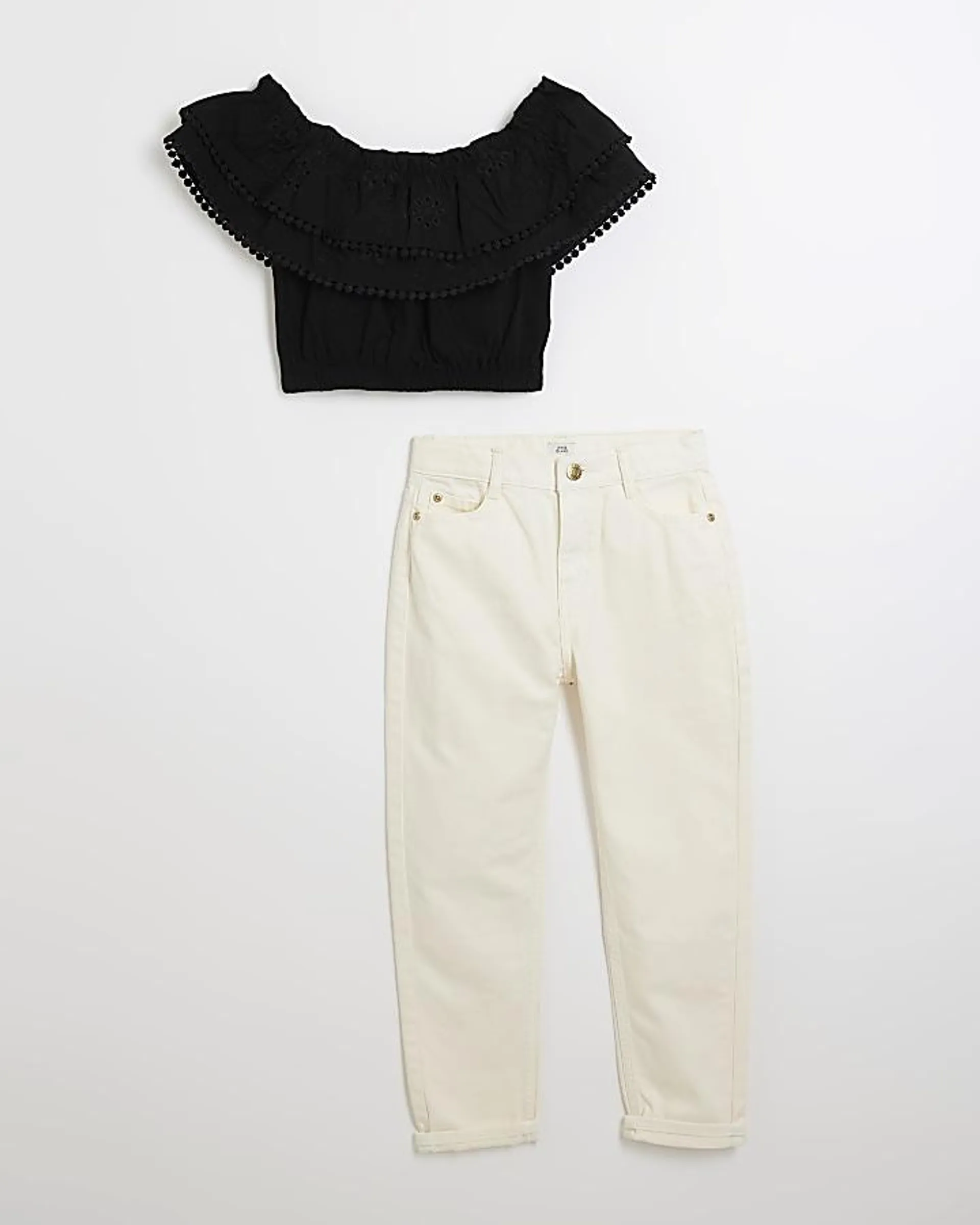 Girls Black Bardot Top Mom Jeans and top Set