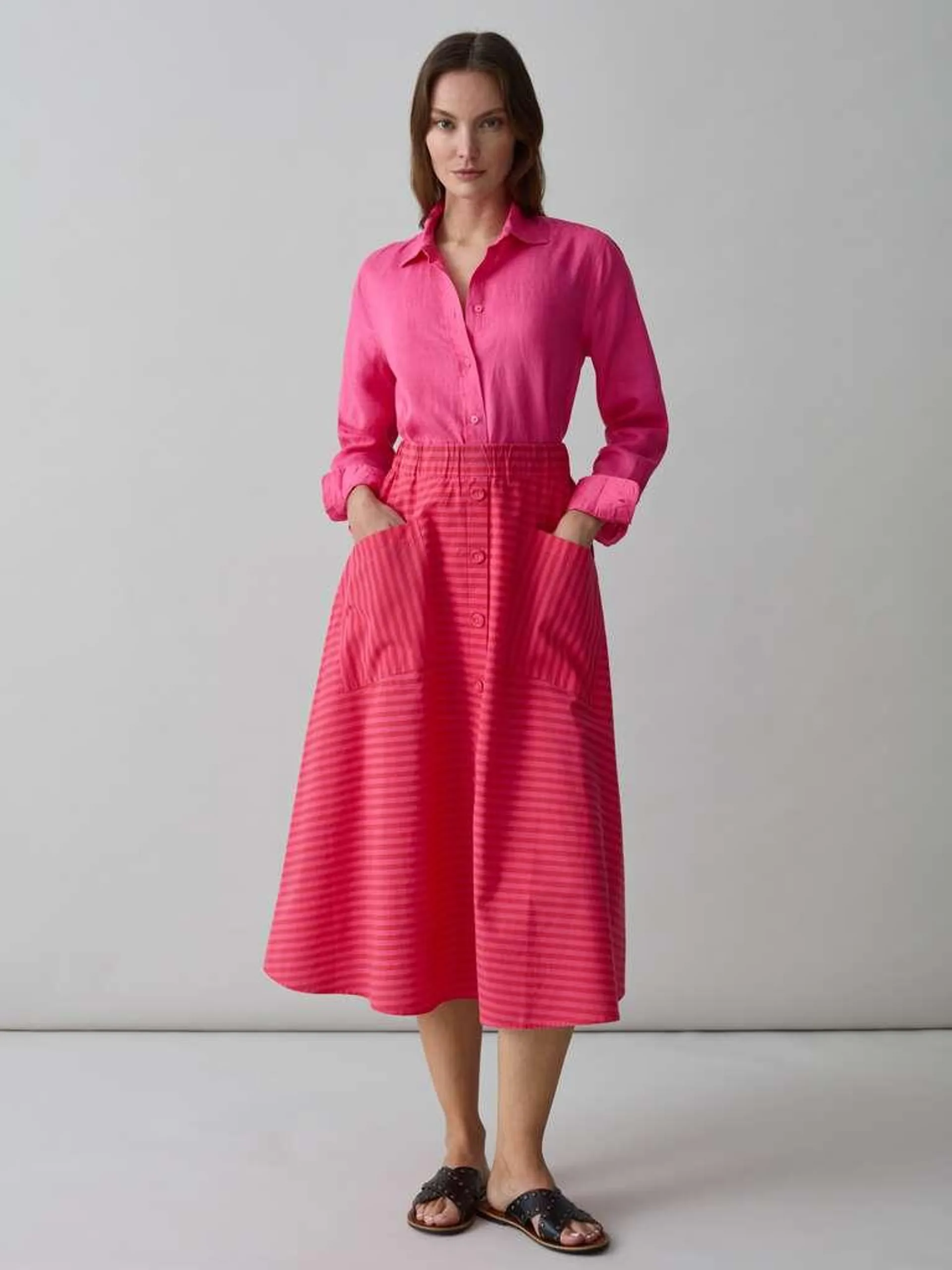 Red/Pink Midi full skirt with striped print