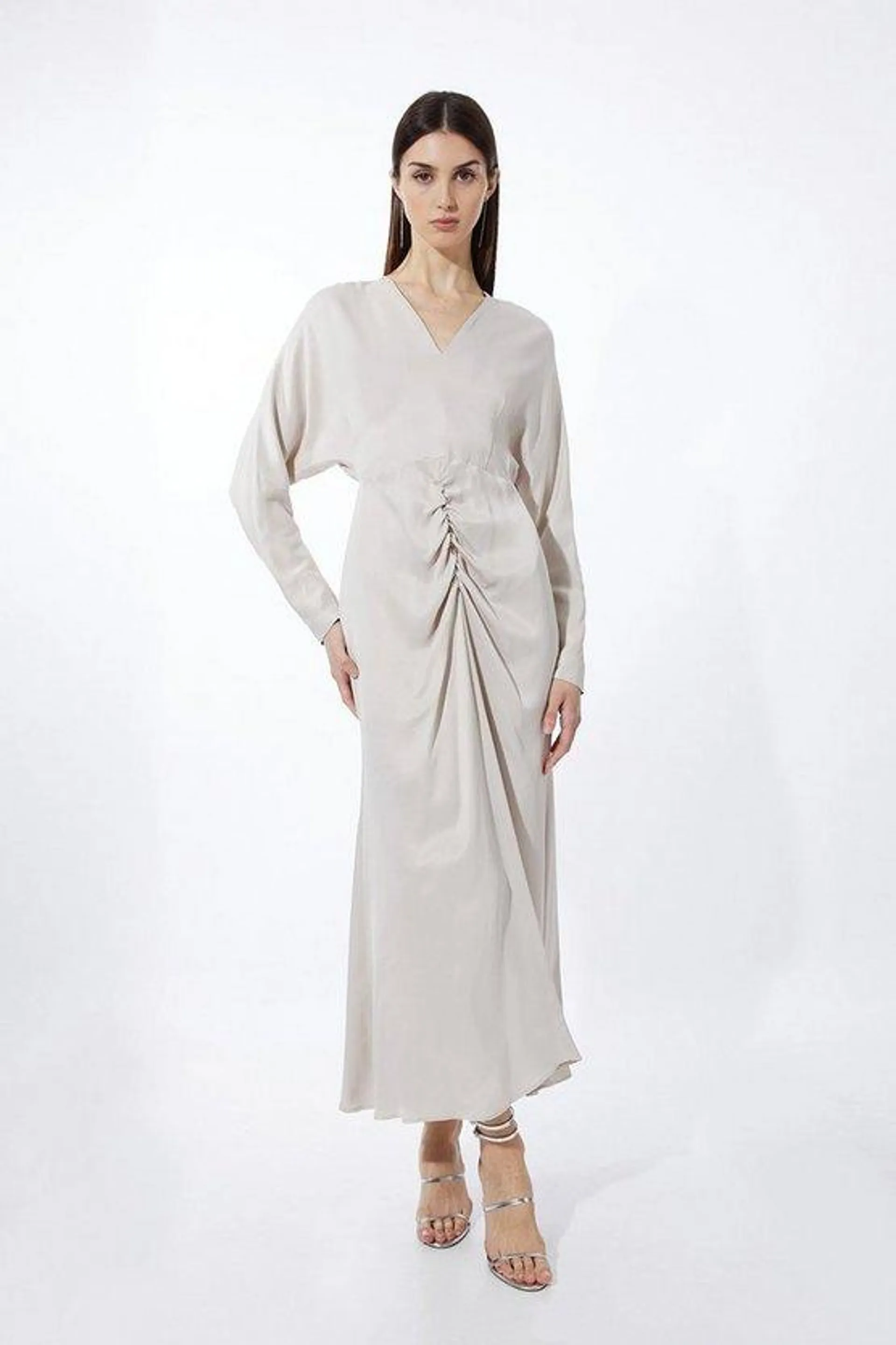 Viscose Satin Batwing Long Sleeve Midi Dress