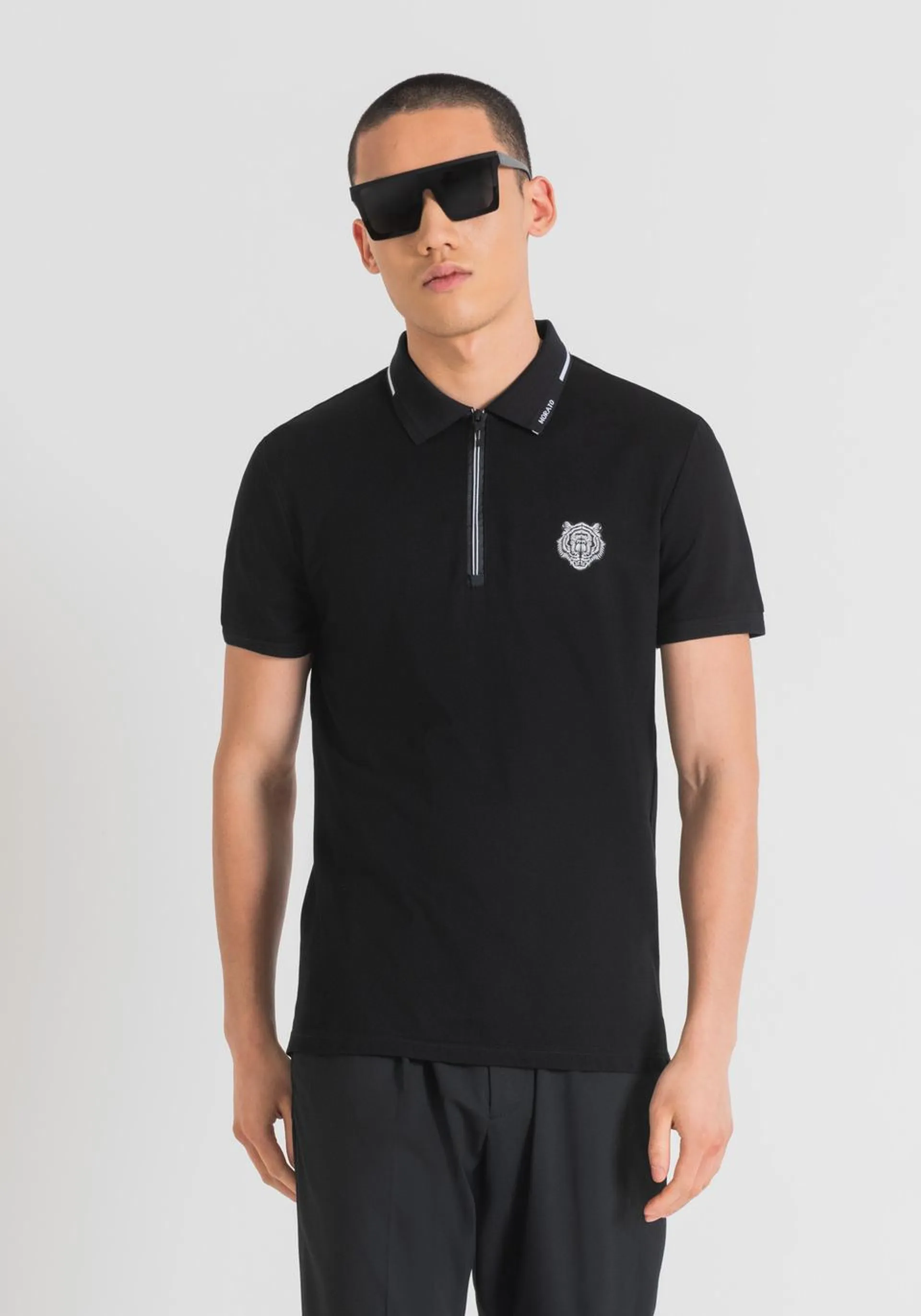 SLIM FIT POLO SHIRT IN MERCERISED COTTON PIQUE WITH RUBBERISED TIGER PRINT