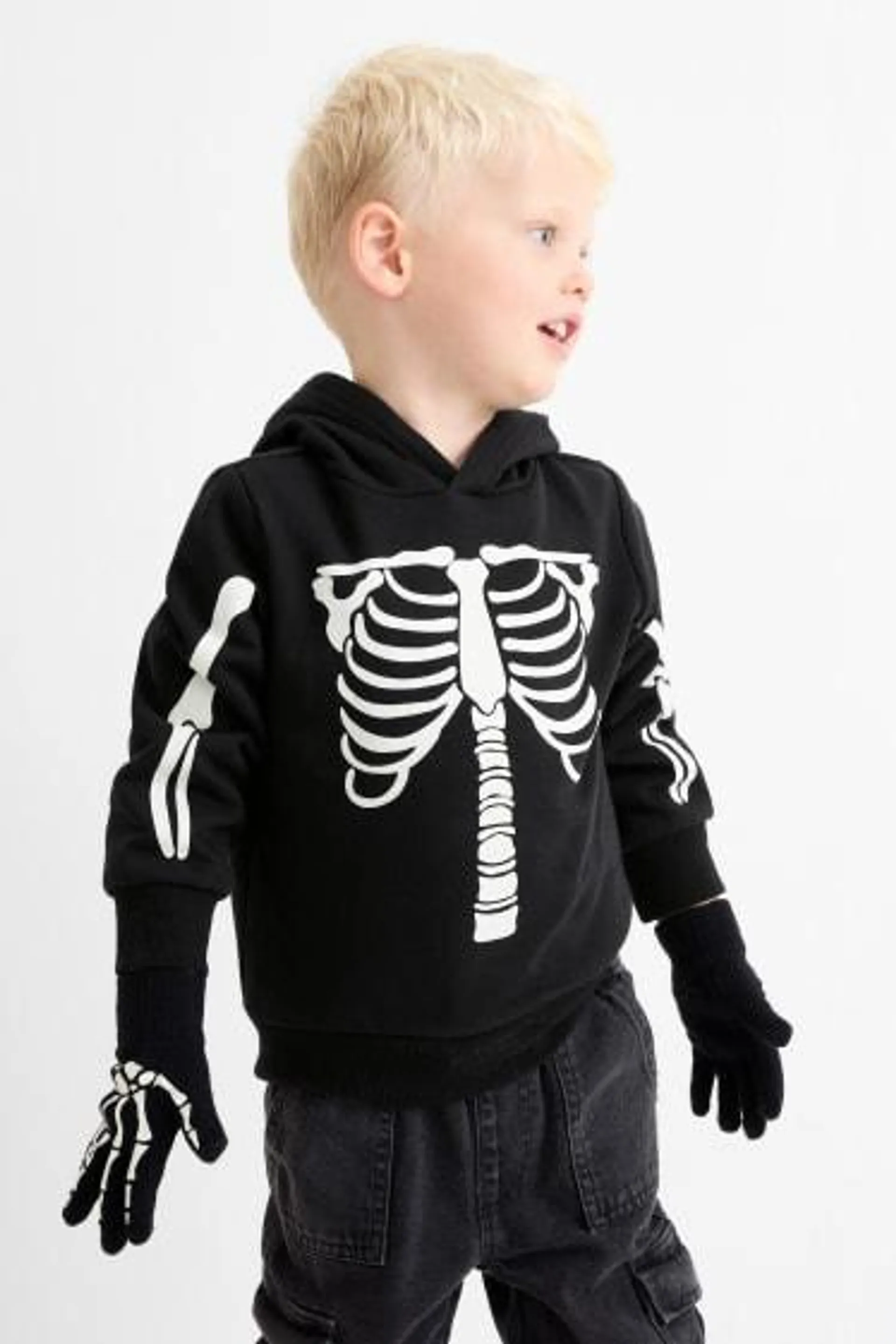 Skelet - set - hoodie en handschoenen - Glow in the dark