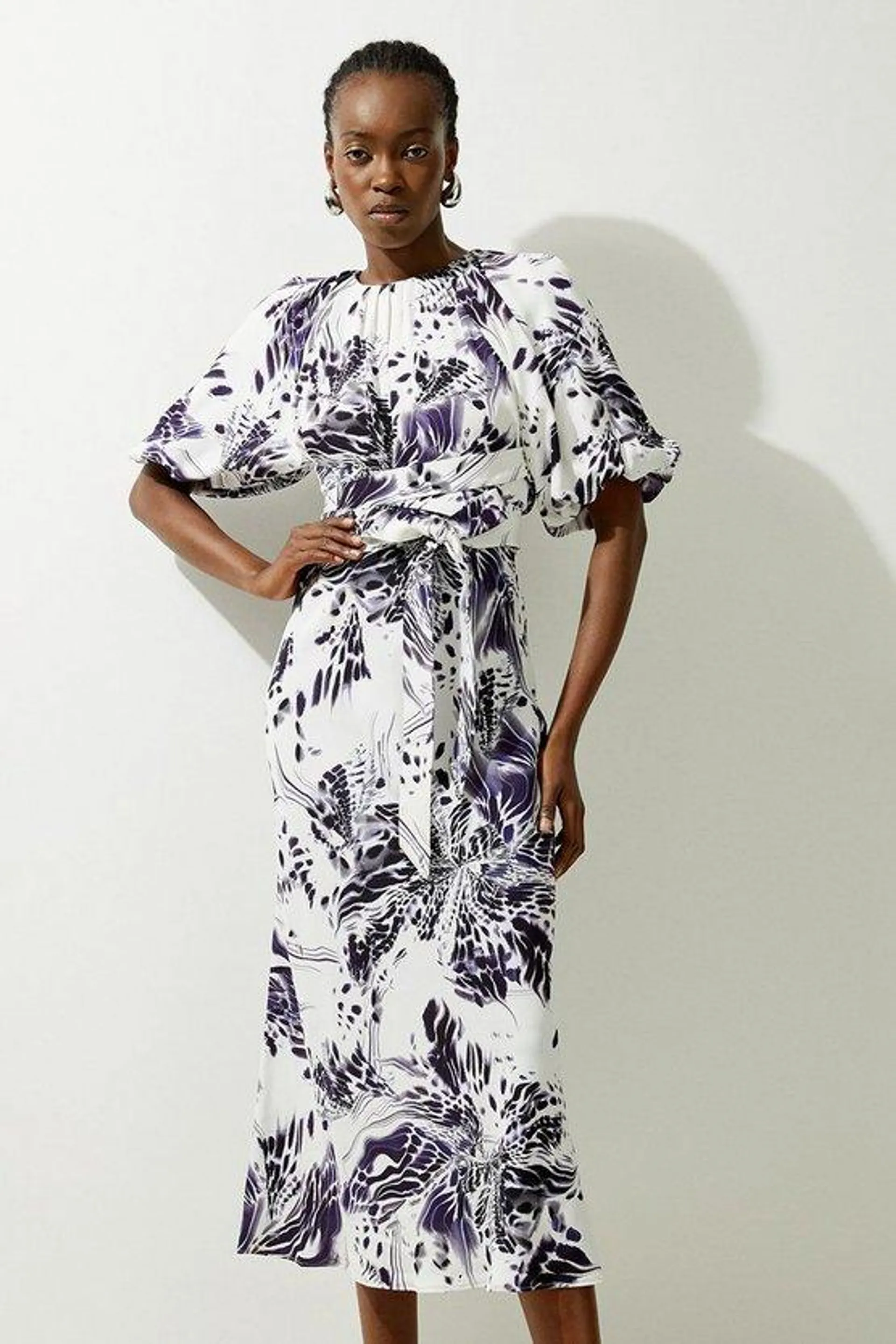 Abstract Floral Satin Woven Midi Dress