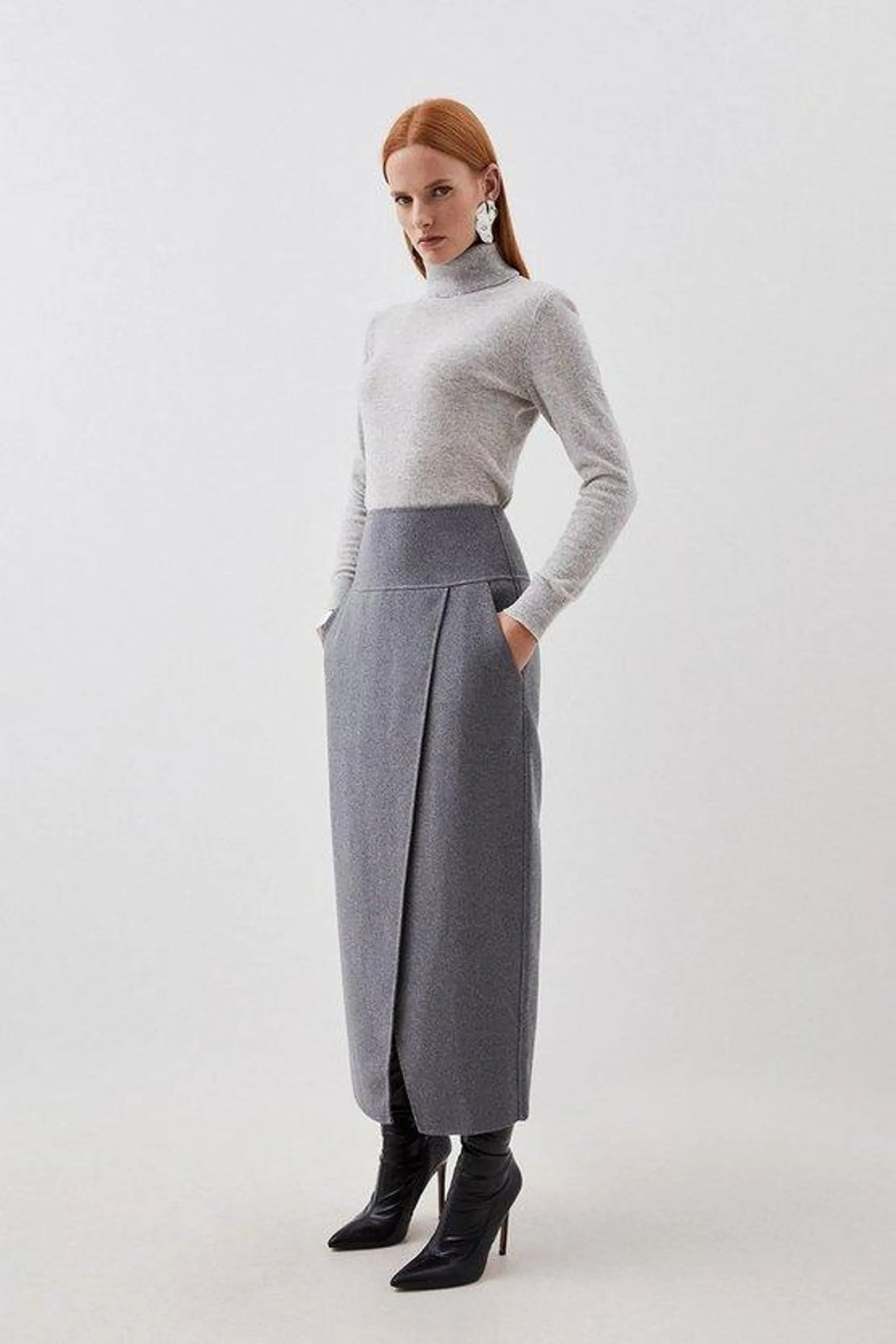 Tailored Double Faced Wool Blend Maxi Skirt