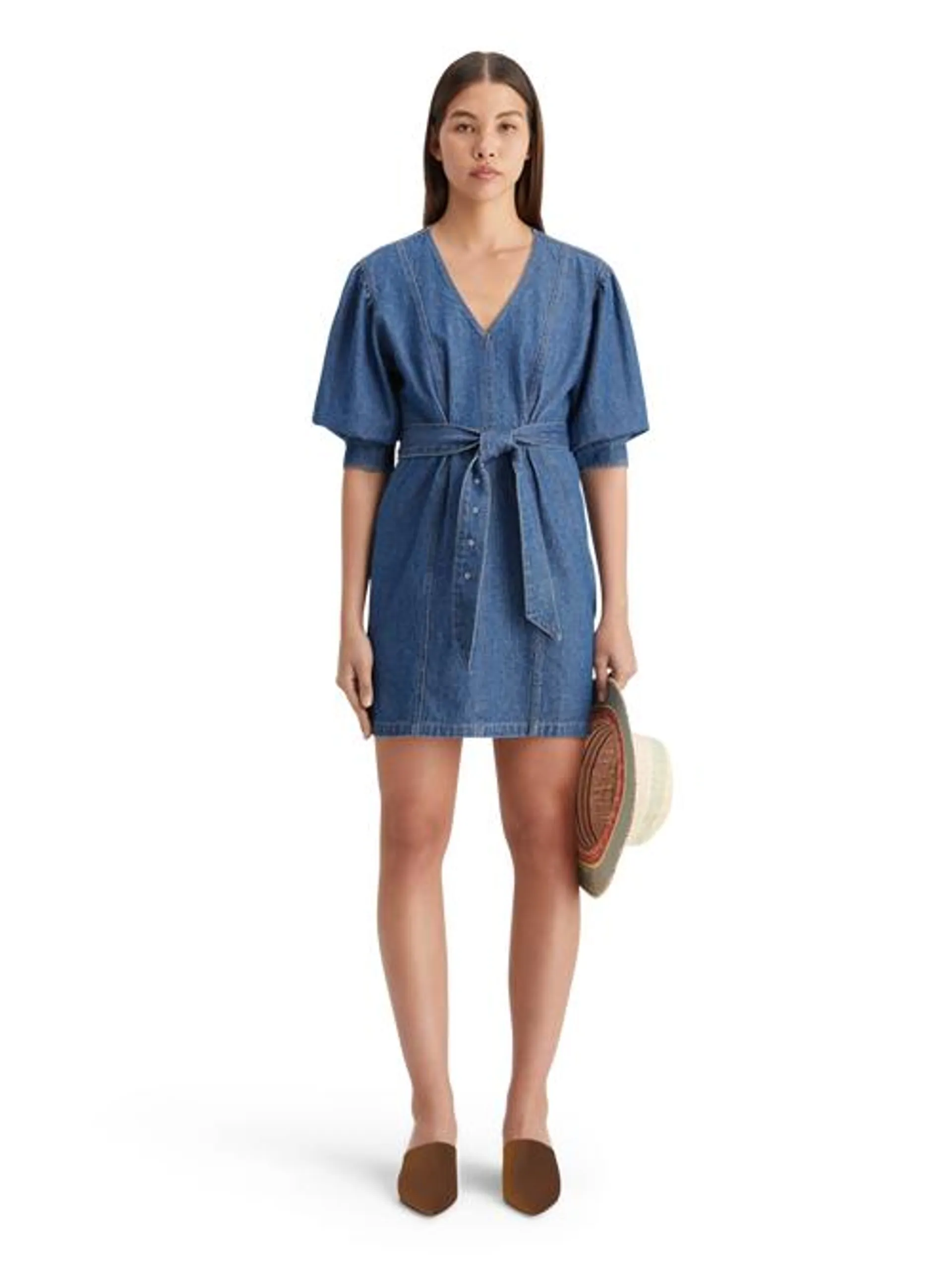 Belted v - neck washed denim dress