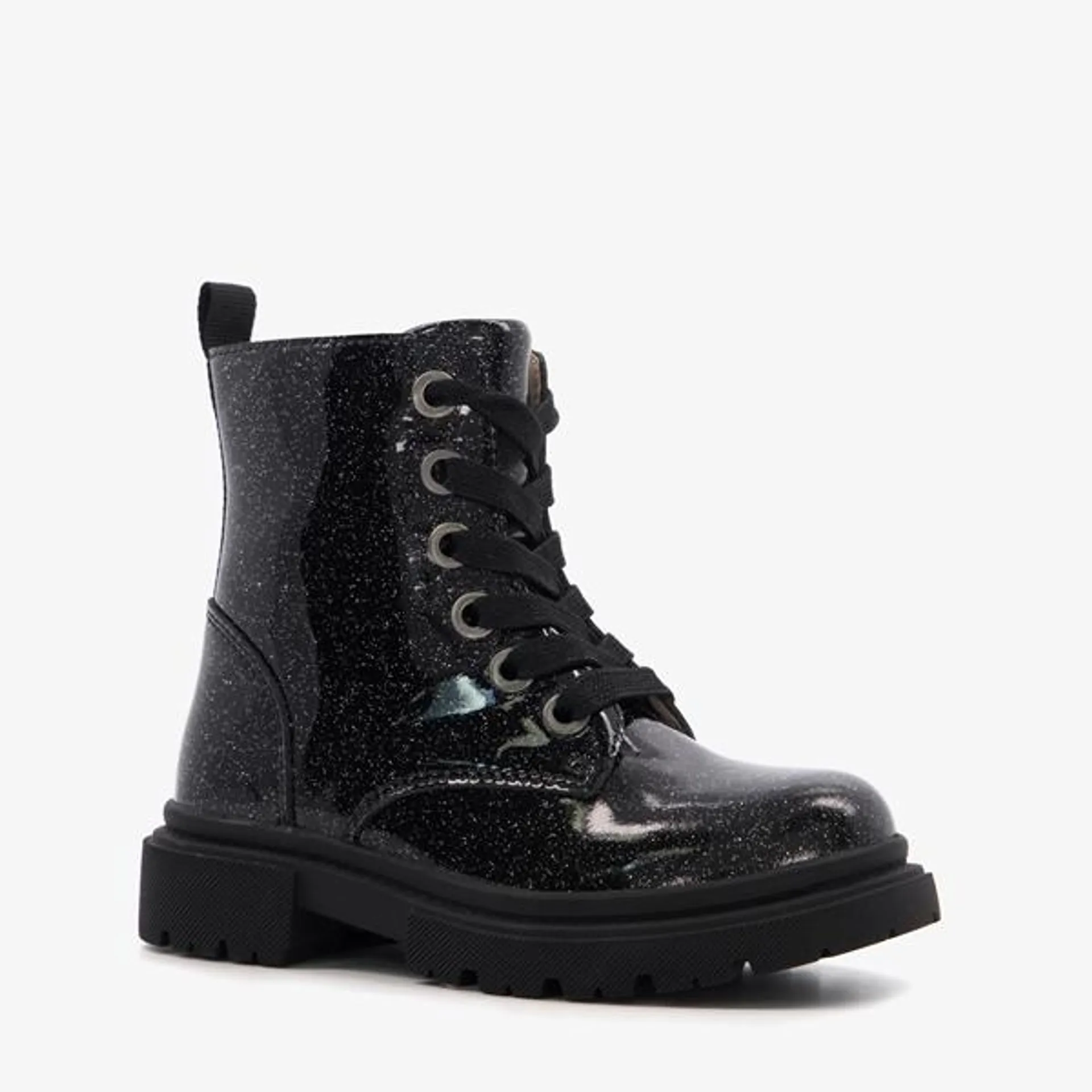 TwoDay leren meisjes veterboots met glitter zwart